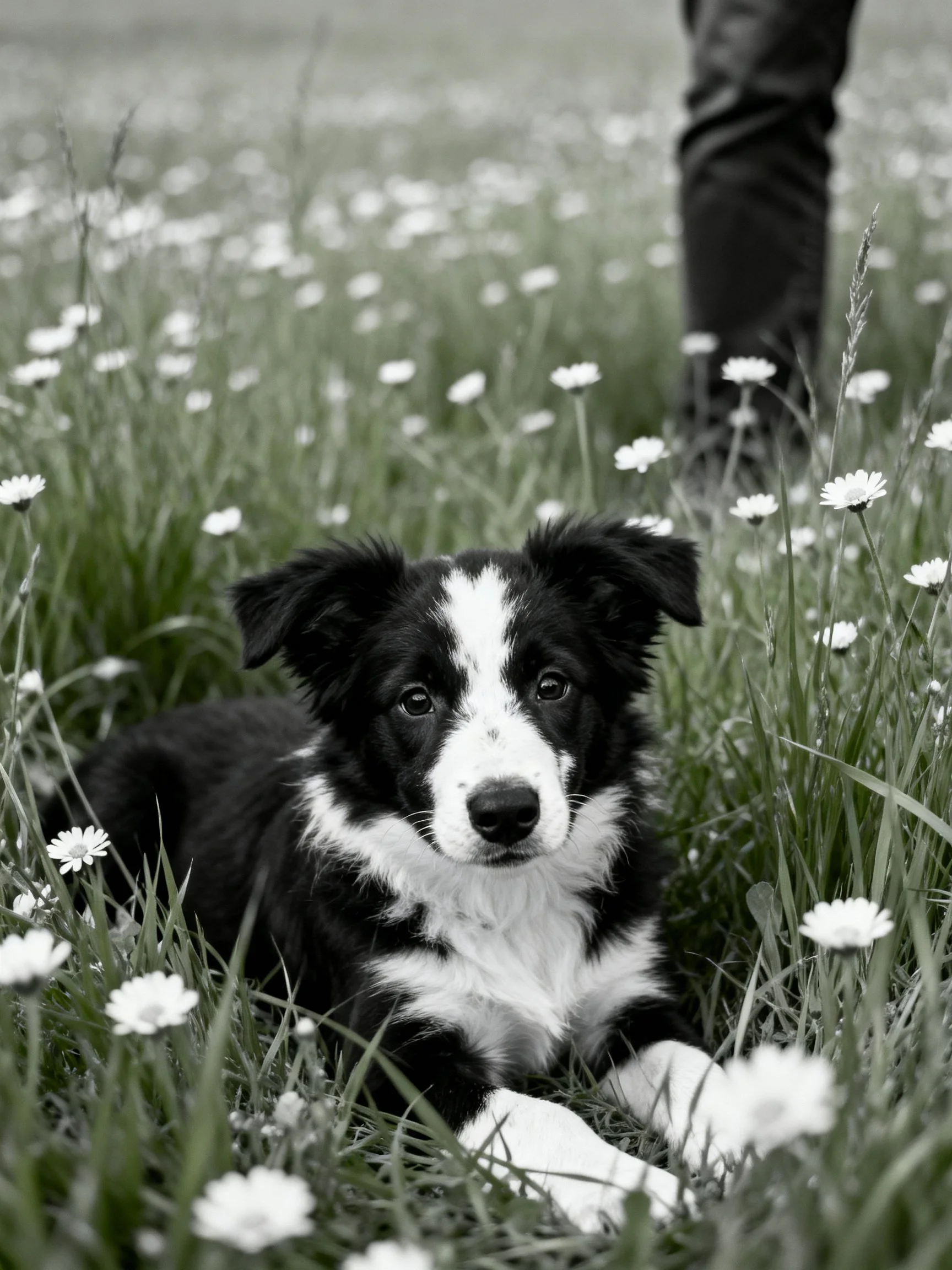 A black and white puppy lies calmly in a field of wildflowers and tall grass