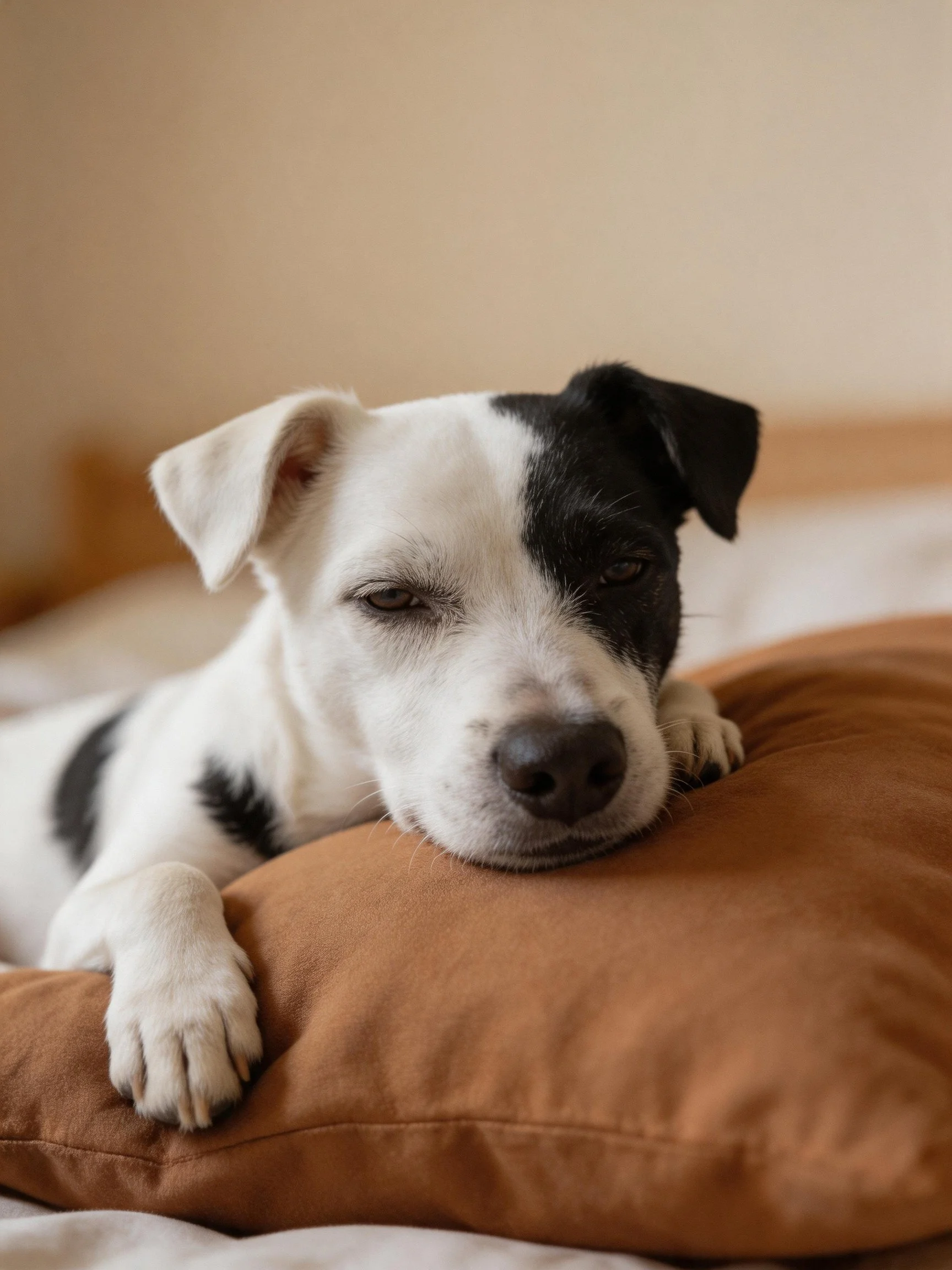 A black - and - white puppy relaxes on a brown cushion indoors