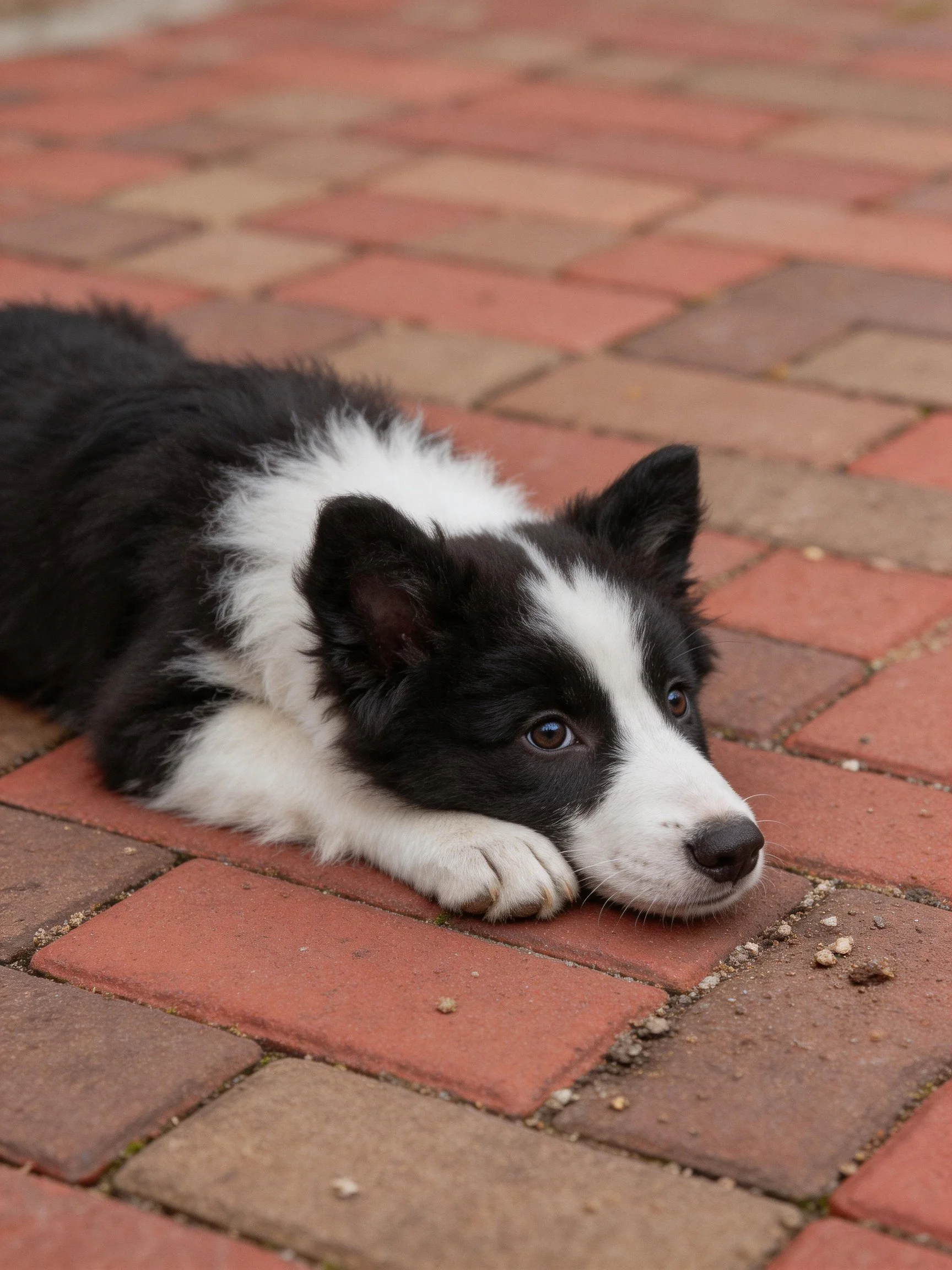 A black and white puppy lies on a brick-paved area
