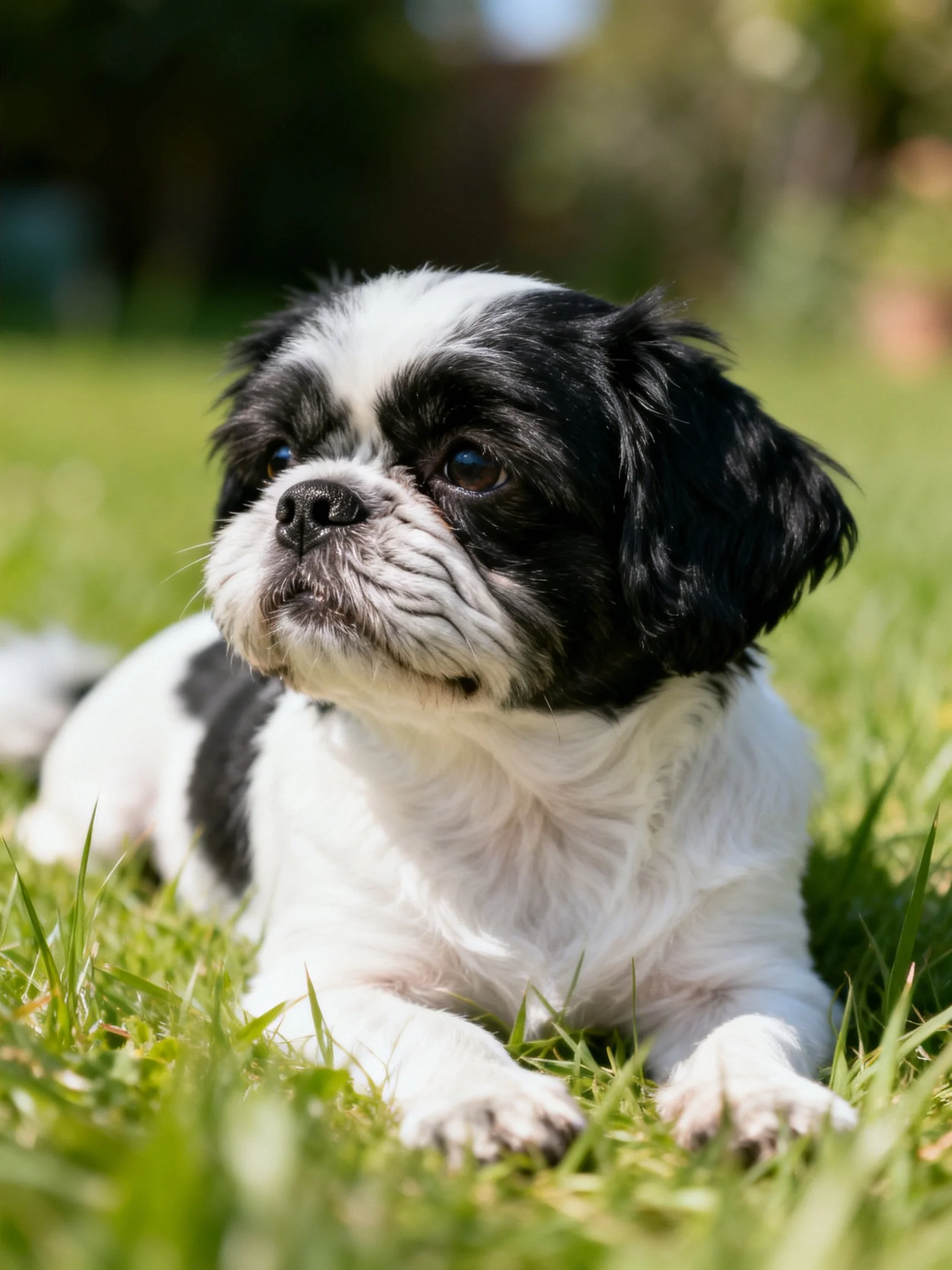 A black and white puppy lies calmly on green grass in a sunlit outdoor area