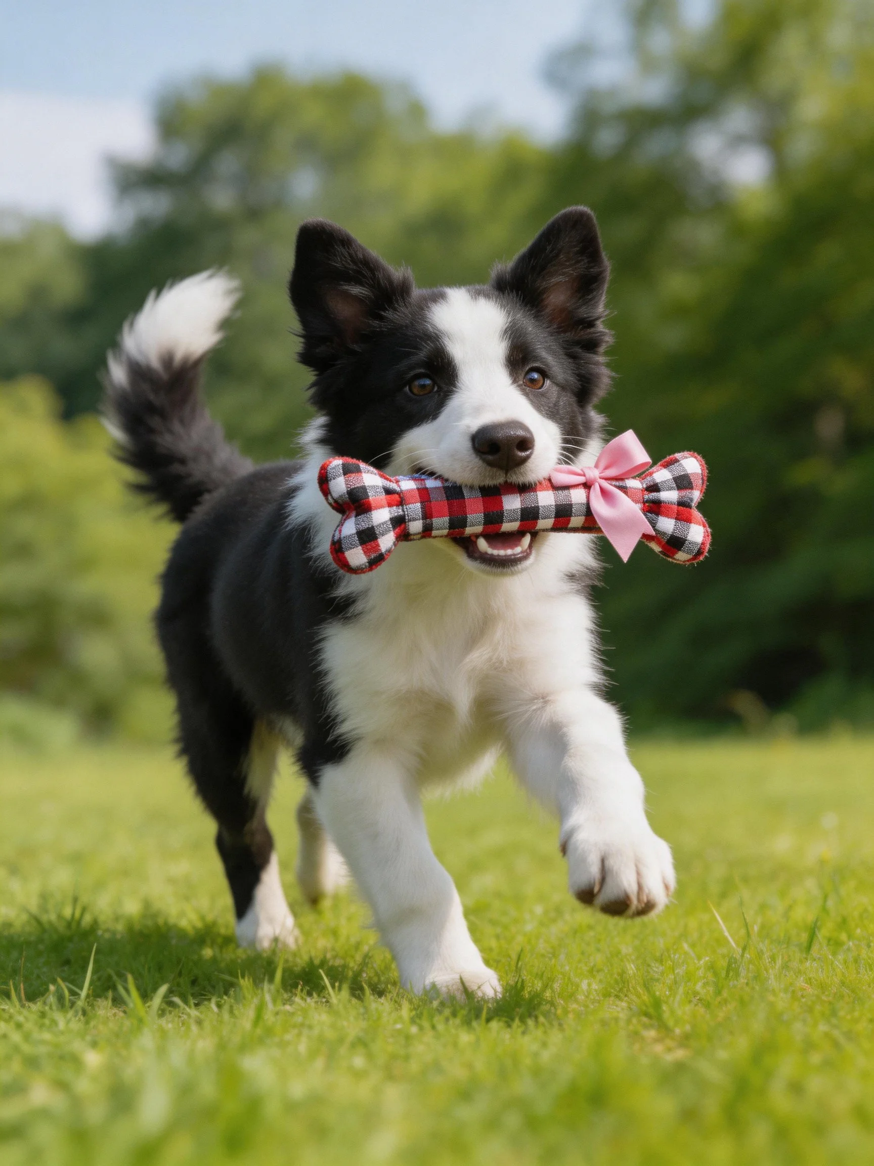 A black and white puppy runs with a checkered bone toy on green grass