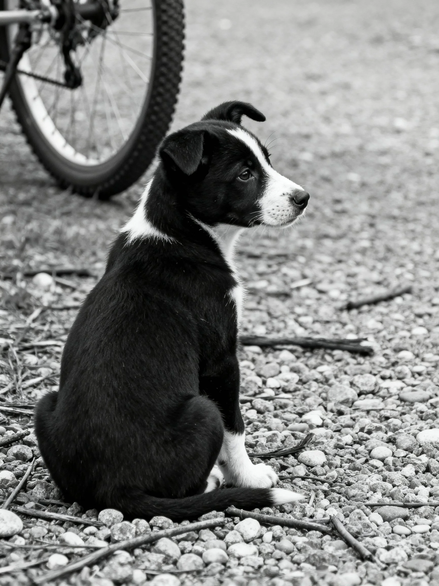 A black and white puppy sits calmly next to a bicycle wheel on a gravel path.