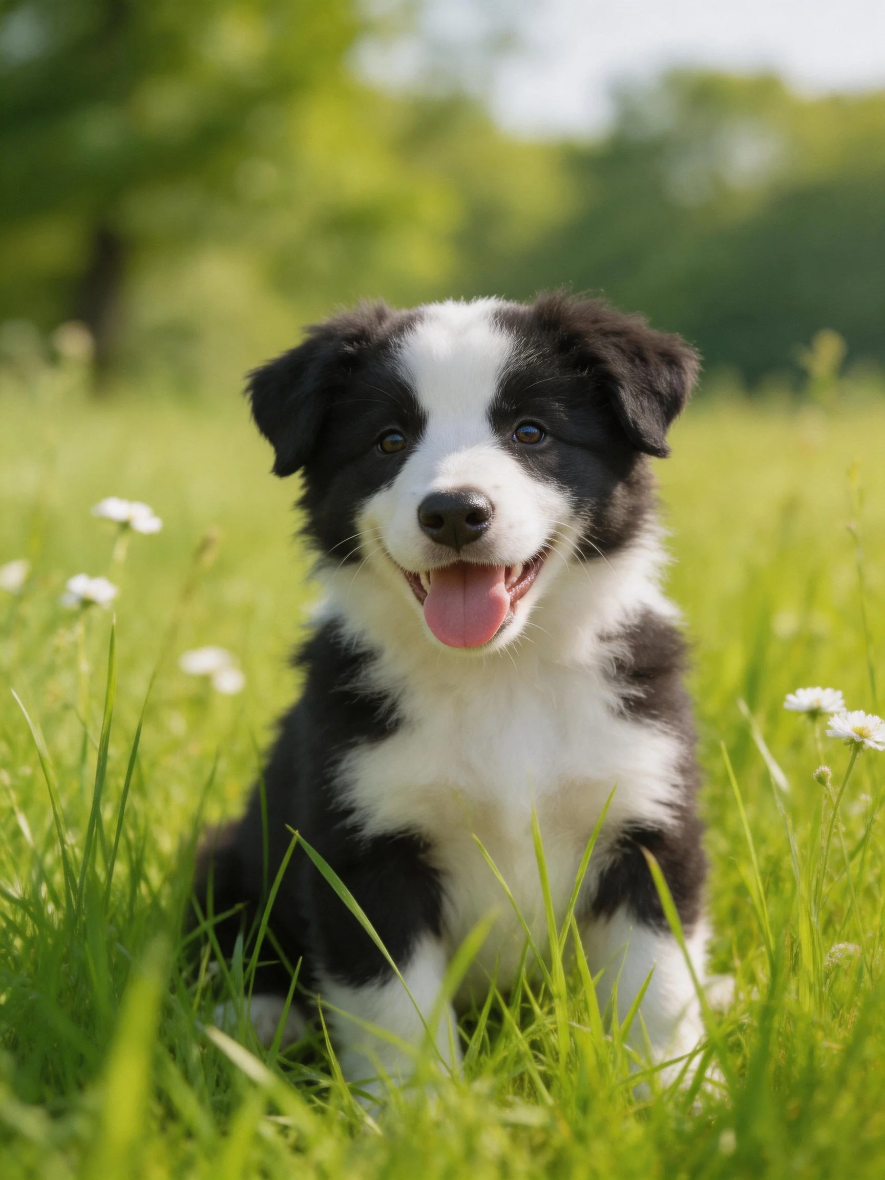 A black and white puppy enjoys a sunny day in green grass.