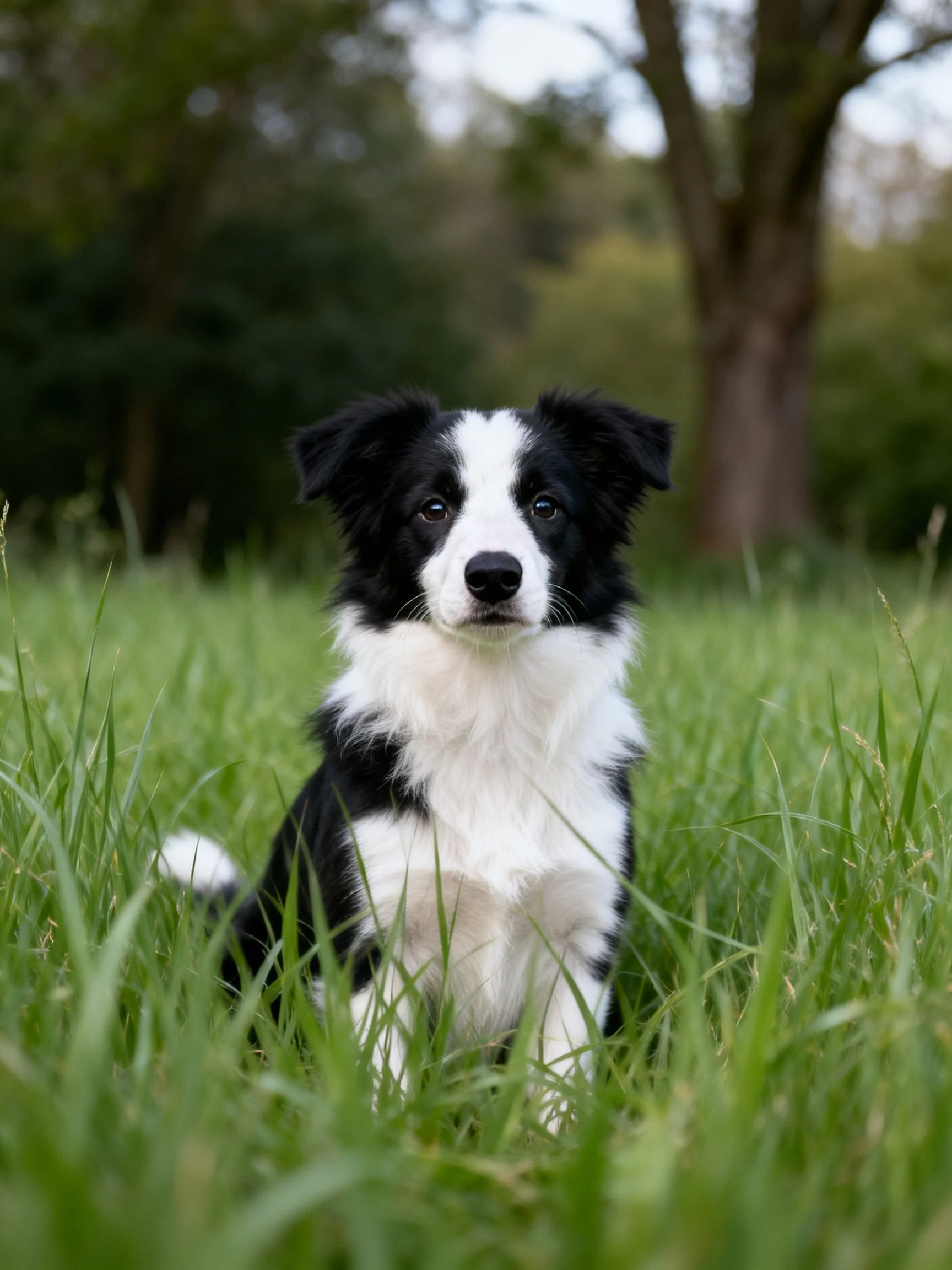 A black and white puppy sits among tall grass with trees in the background.