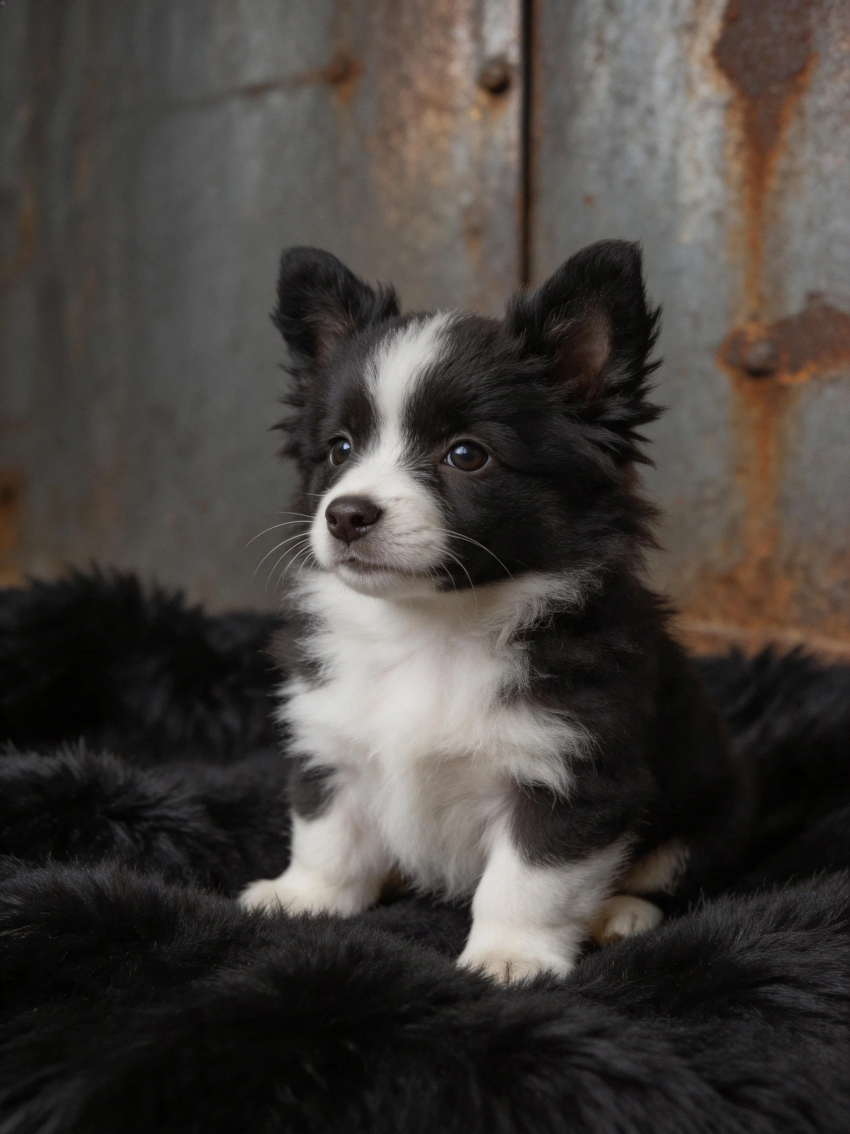 A black and white puppy sits on a plush black bed near a rusted metal wall