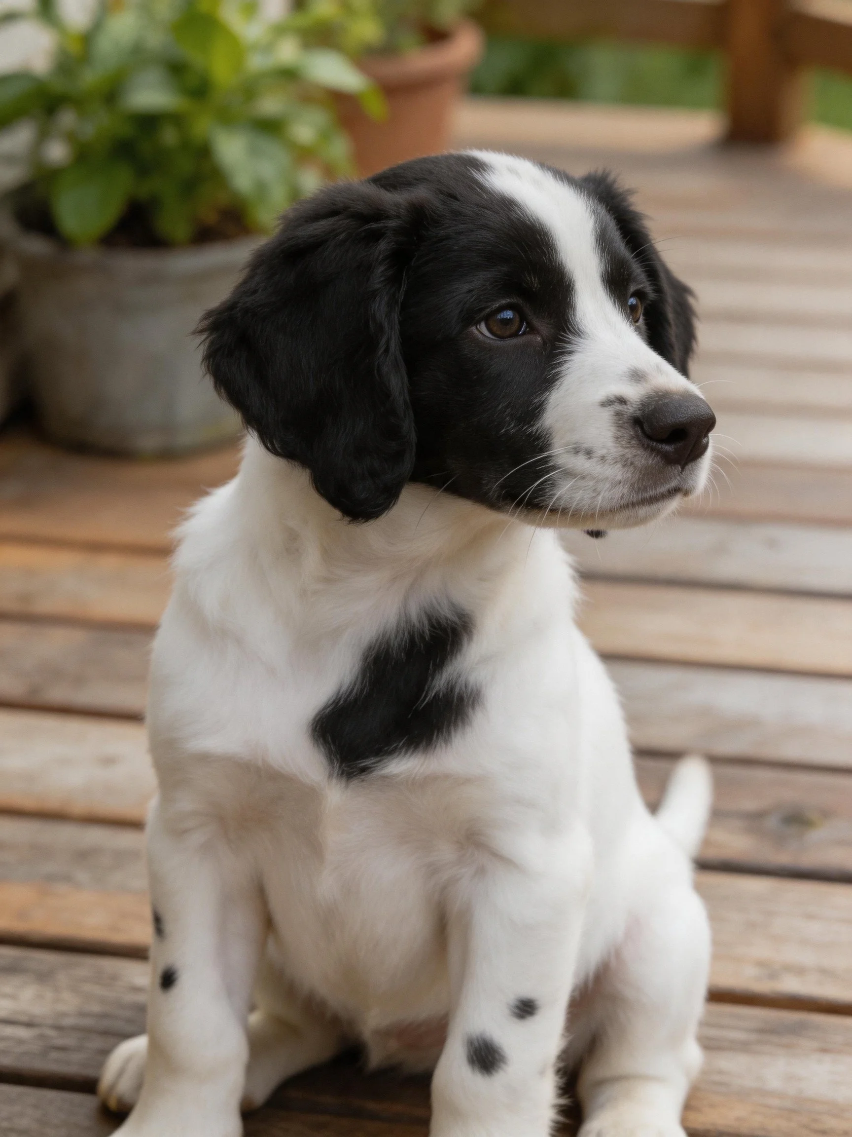 A black and white puppy sits on a wooden deck outdoors.