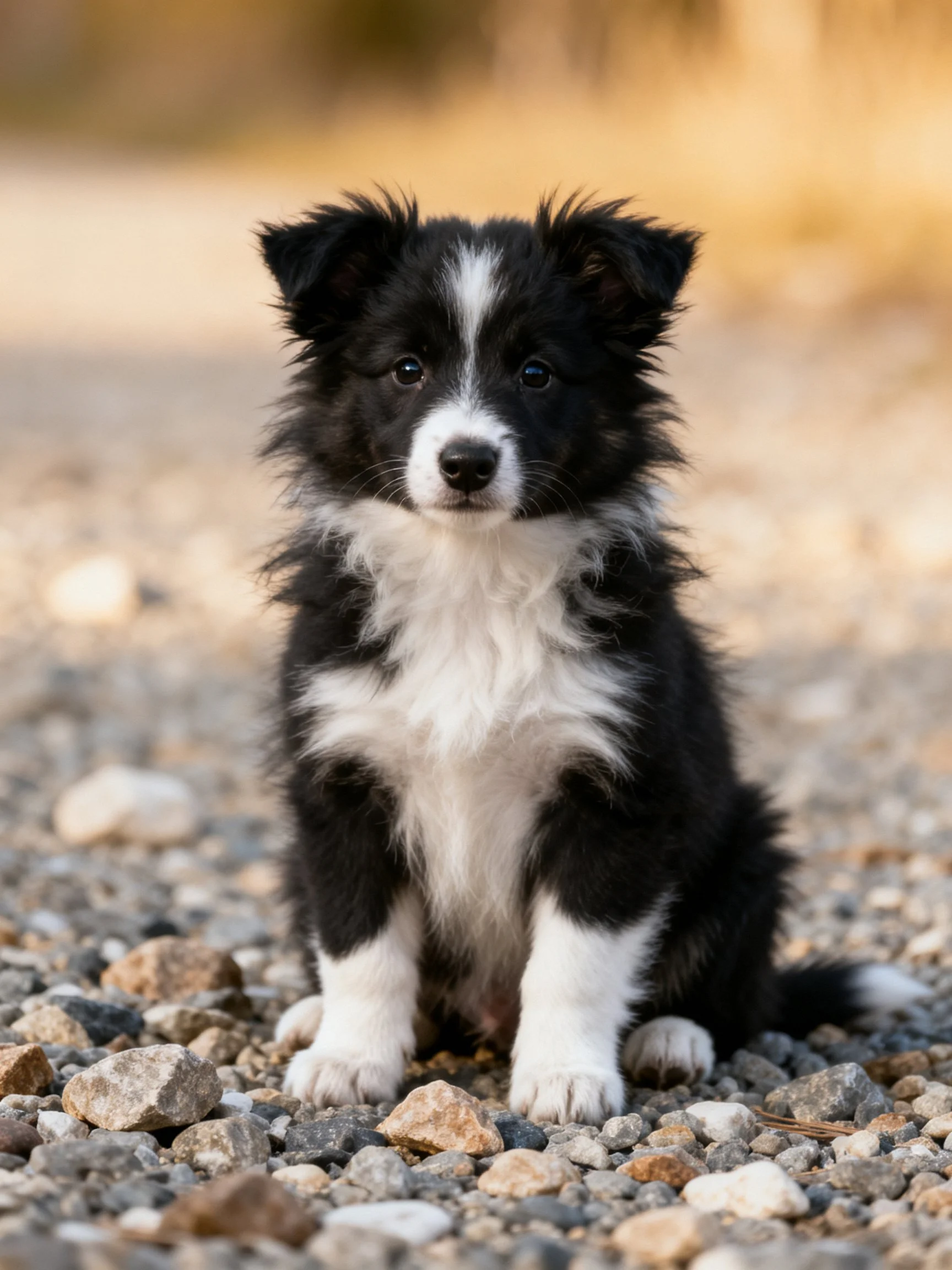A black and white puppy sits calmly on gravel with small stones surrounding it.