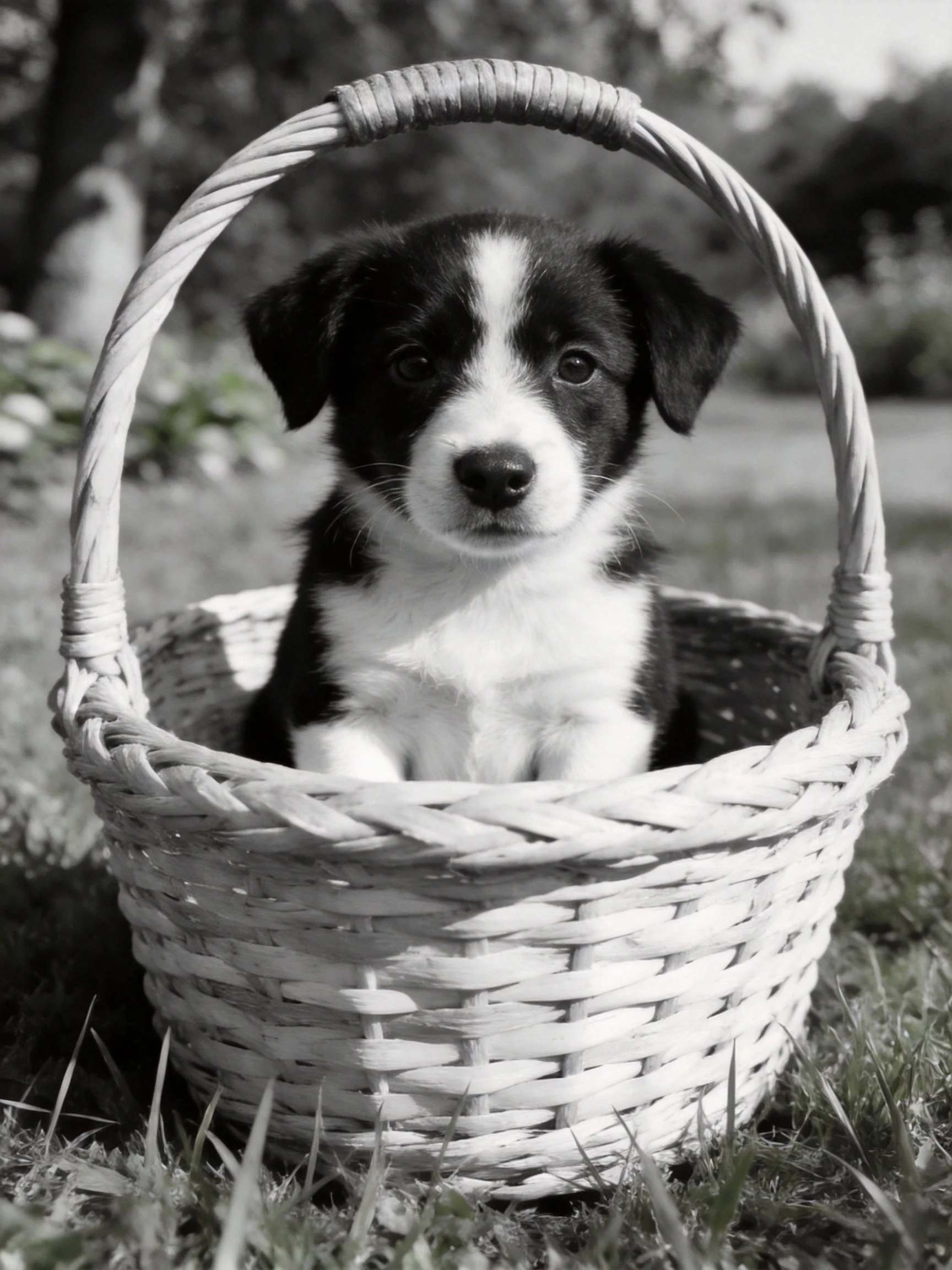 A black and white puppy sitting in a wicker basket outdoors