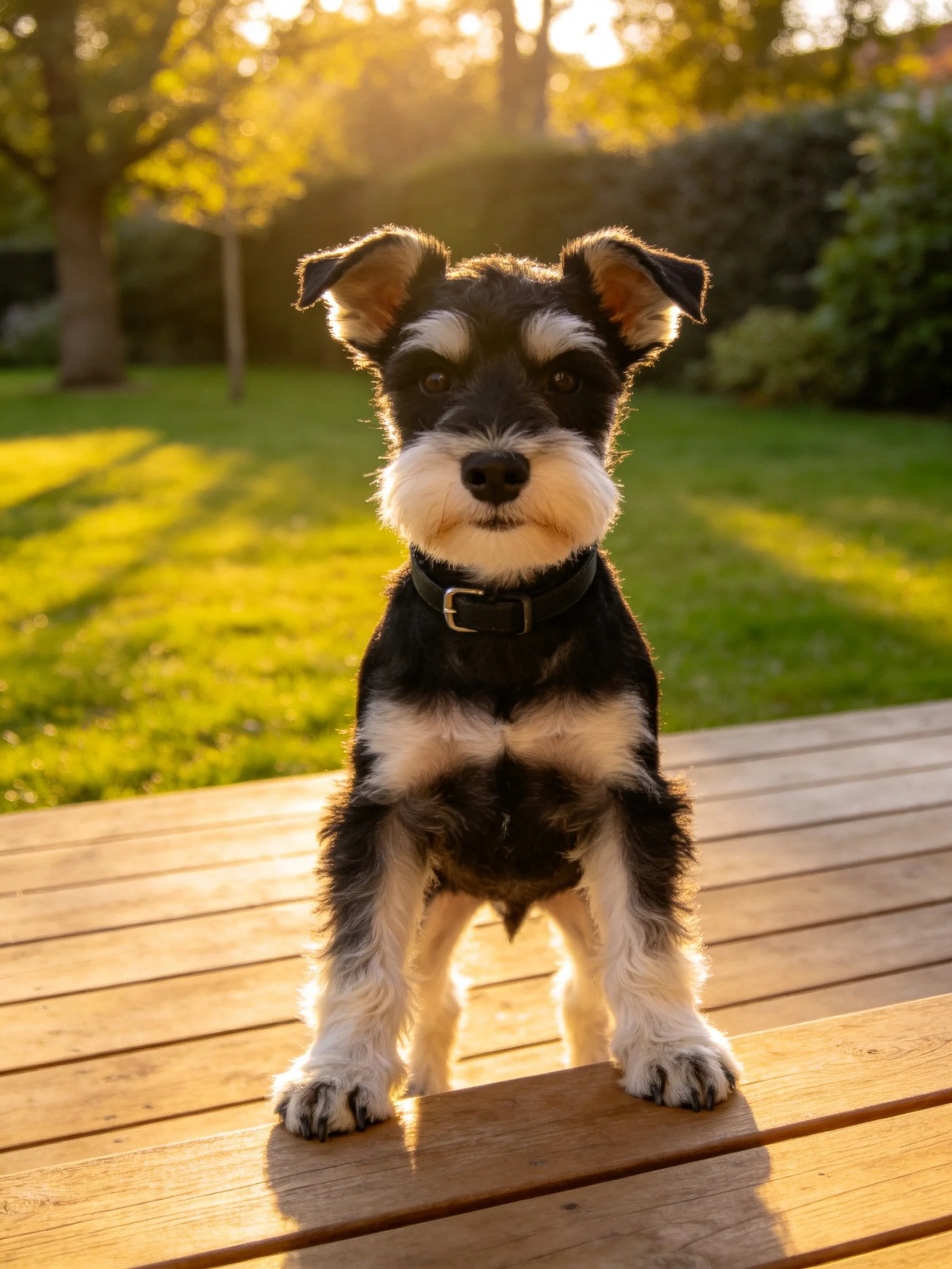 A black and white puppy sits on a wooden deck in a sunlit garden.