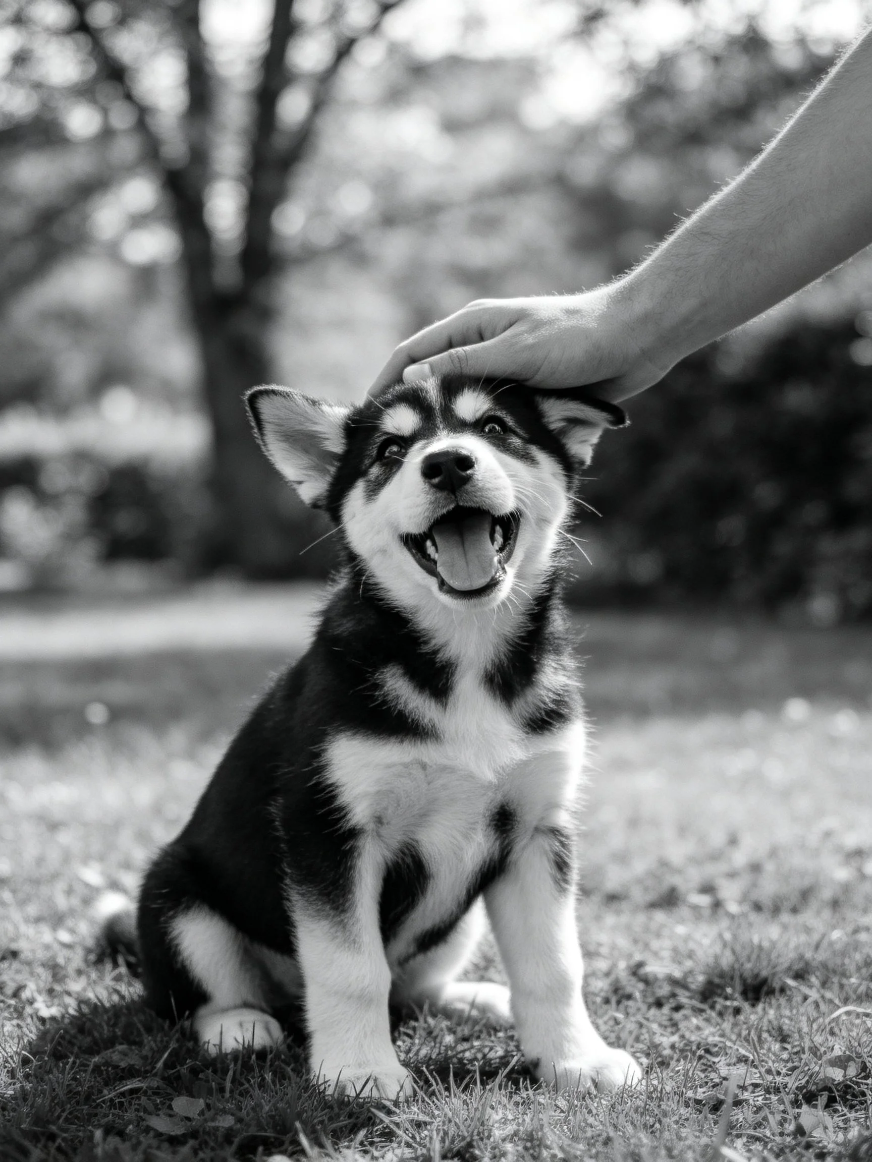 A black - and - white puppy enjoys being petted by a hand in an outdoor environment.