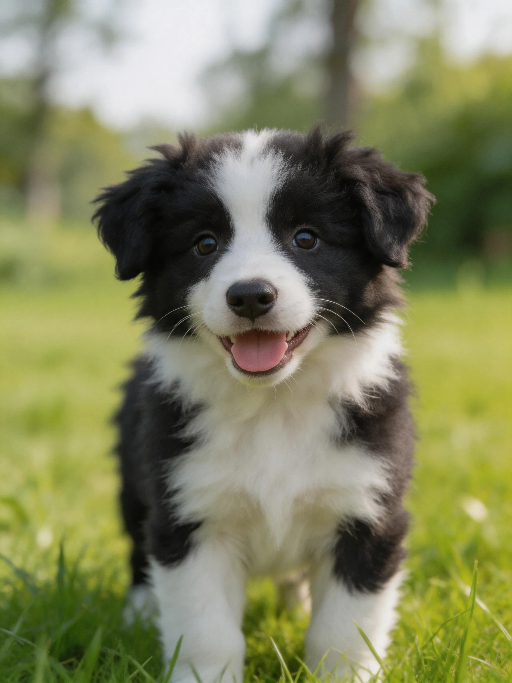 A black and white puppy stands happily in a grassy outdoor area.