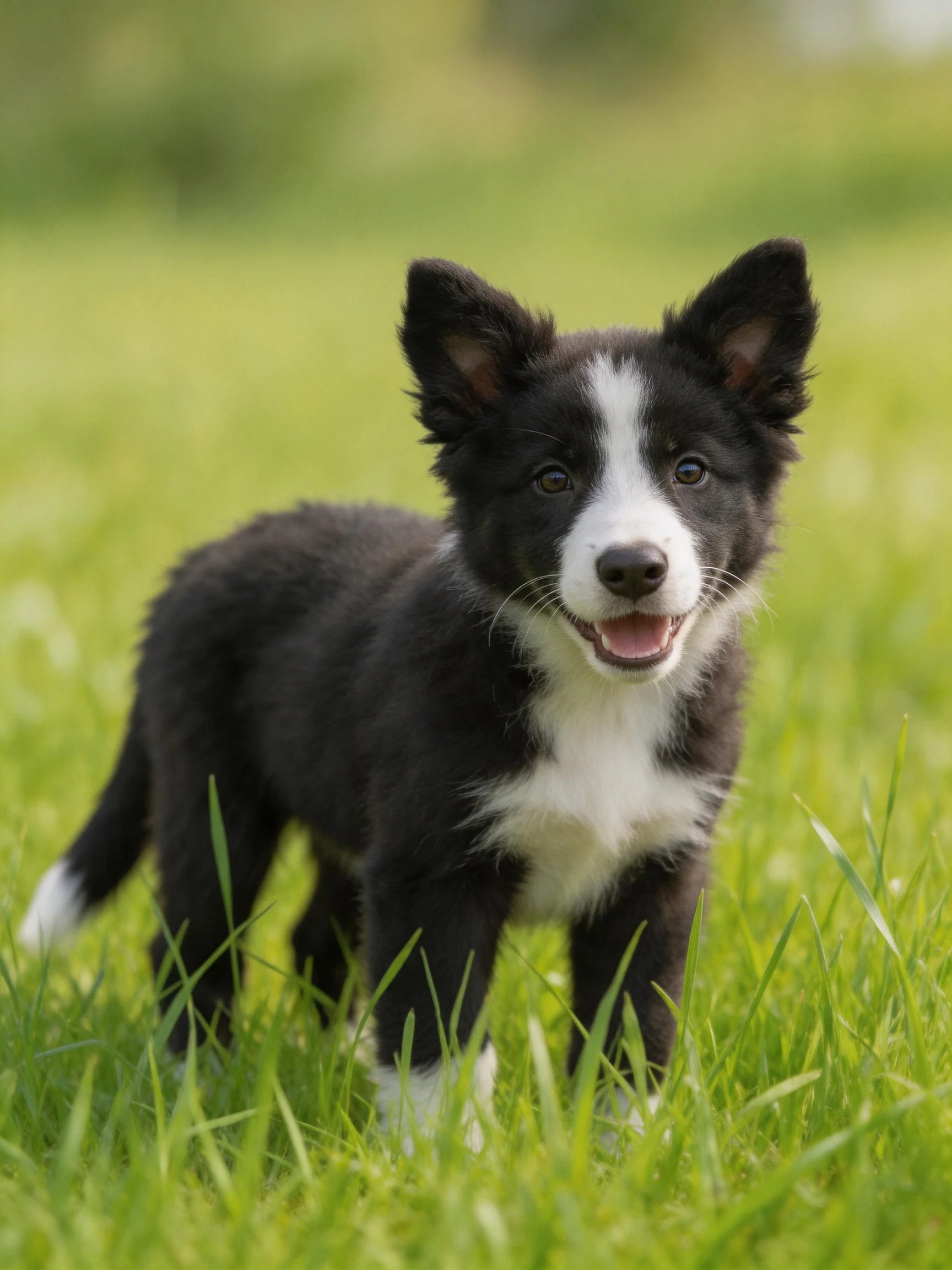 A black and white puppy stands happily in a grassy field.