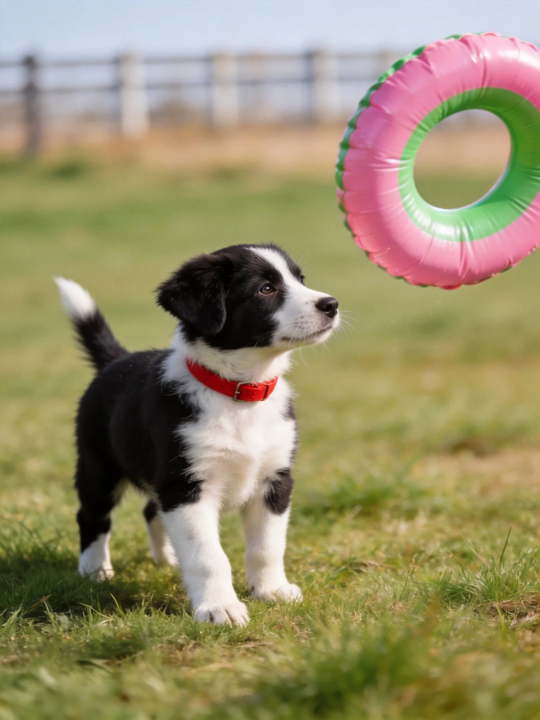 A black and white puppy watches a pink-green inflatable ring outdoors