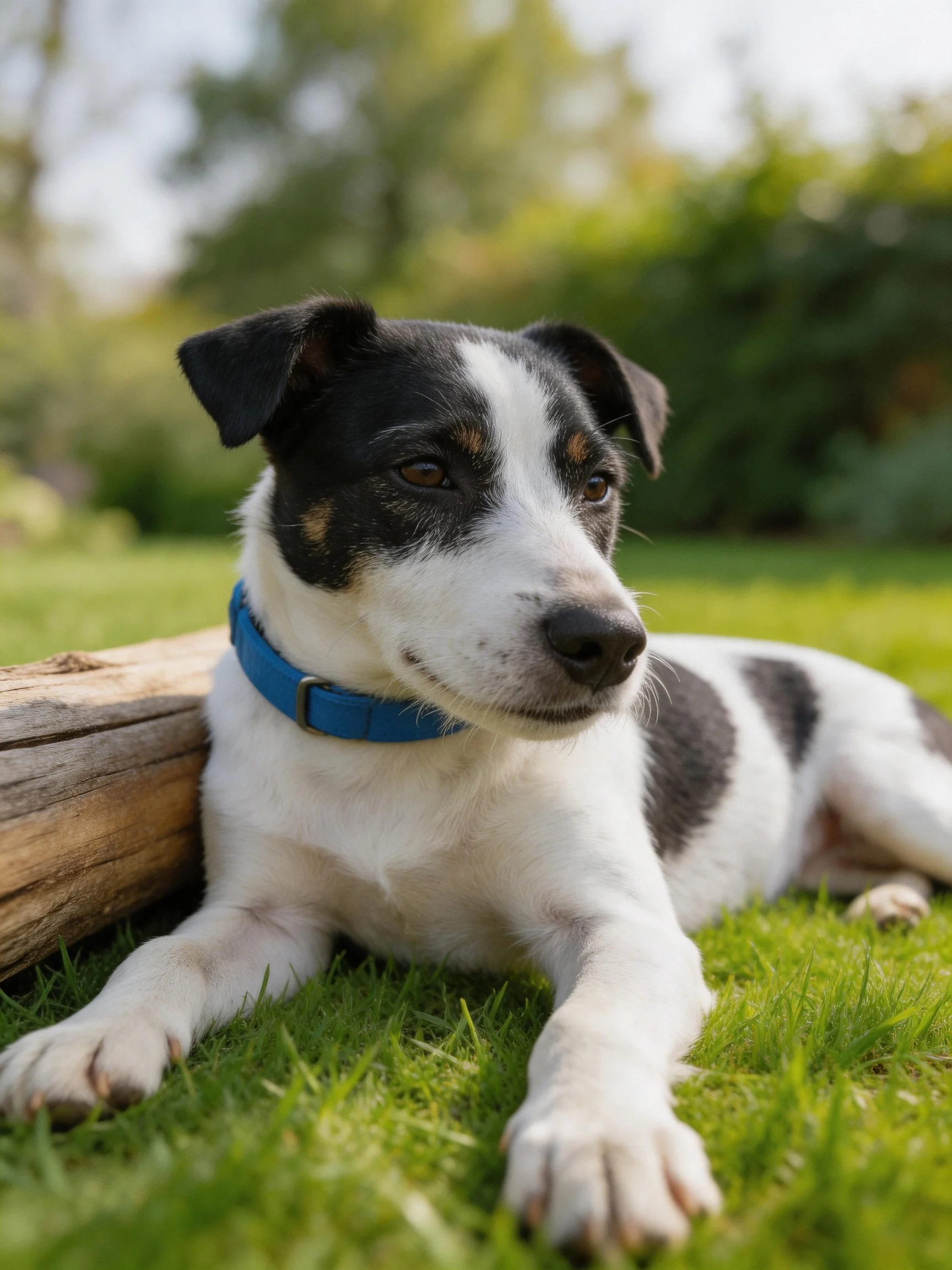 A black and white puppy with a blue collar relaxes near a log on green grass