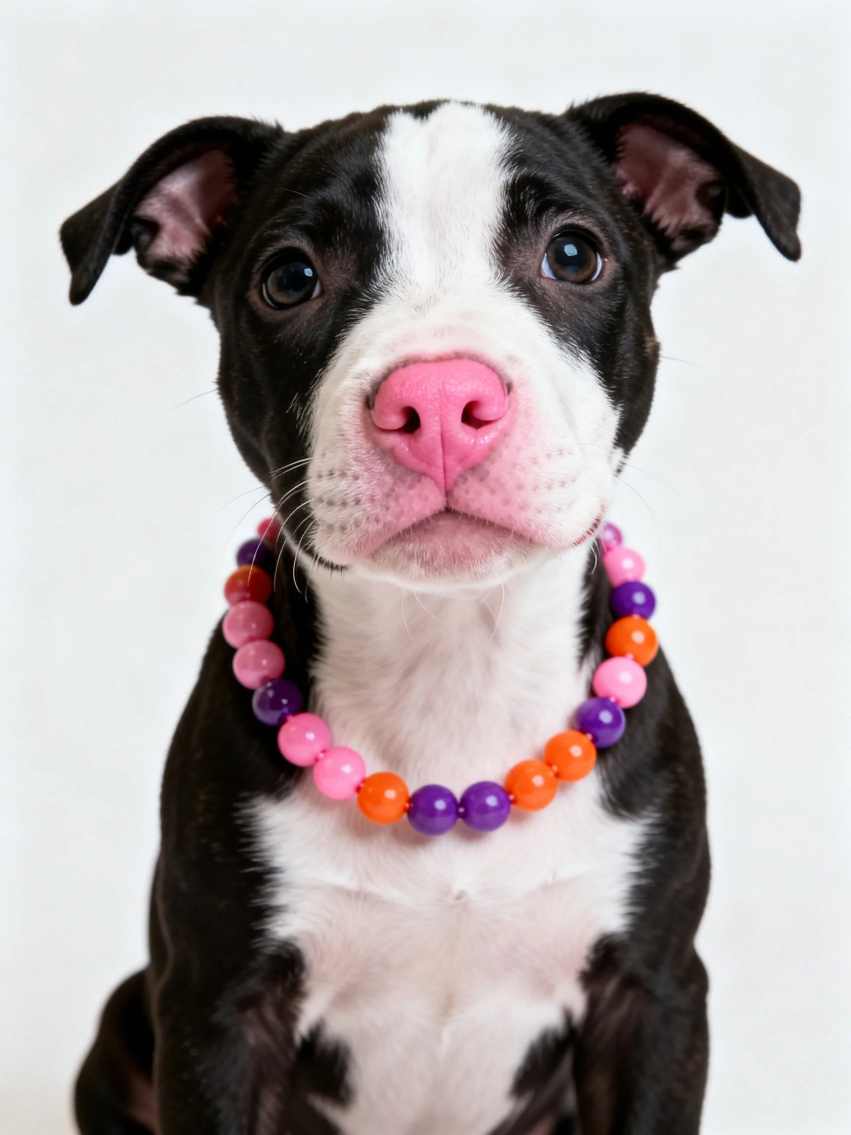 A black and white puppy with a pink nose wearing a colorful beaded necklace