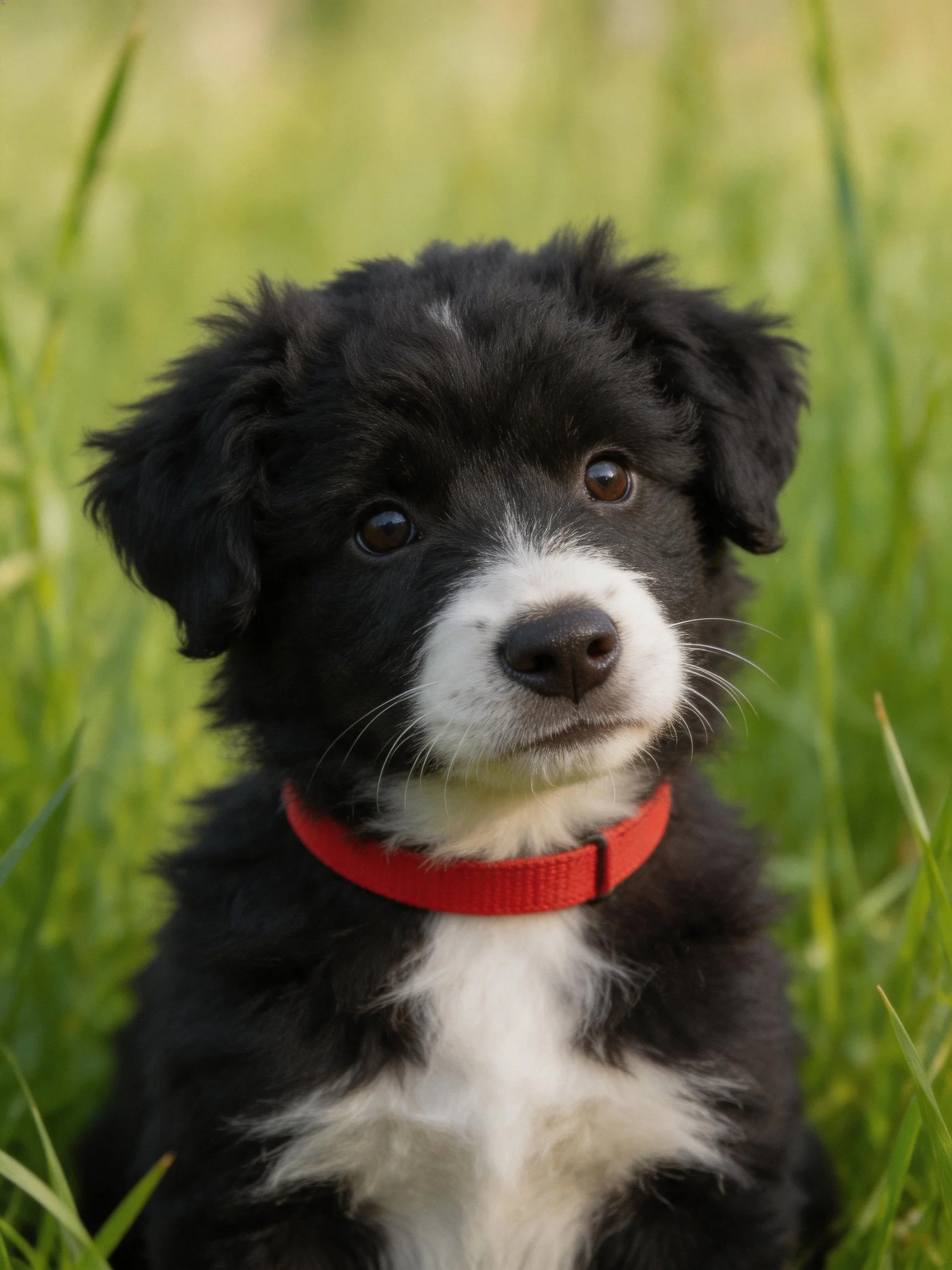 A black and white puppy wearing a red collar sits amid tall green grass.