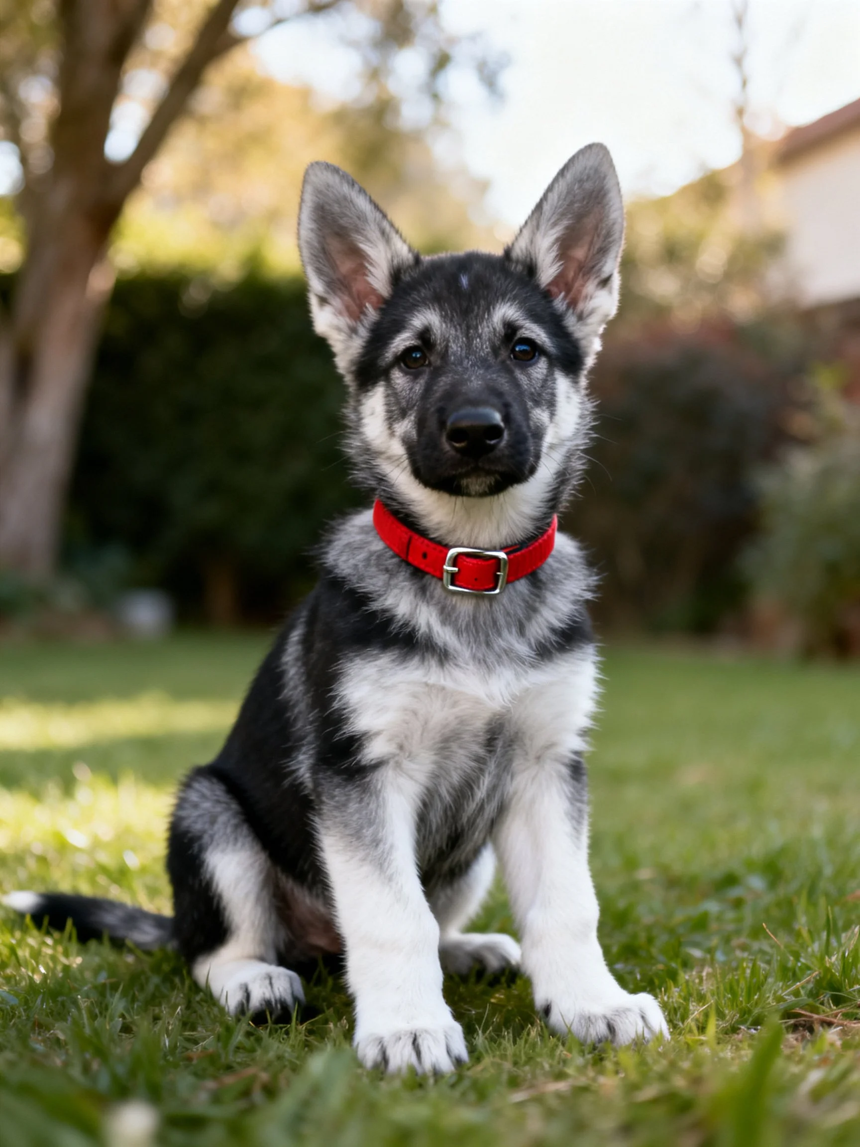 A young black and white puppy with a red collar sits on grass outdoors.