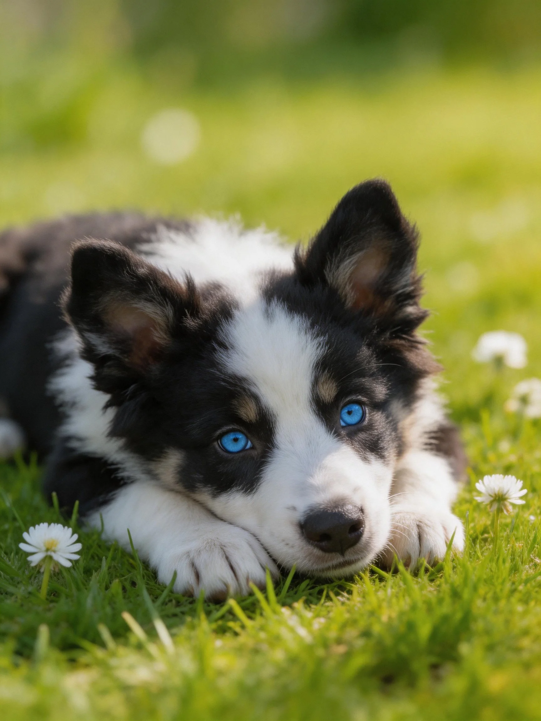 A black-and-white puppy with blue eyes relaxes on grass near small white flowers.