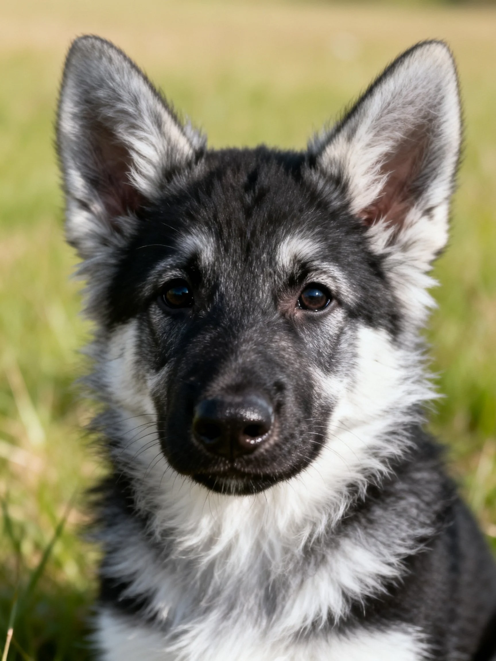 A close - up of a young black and white dog with upright ears on grass.