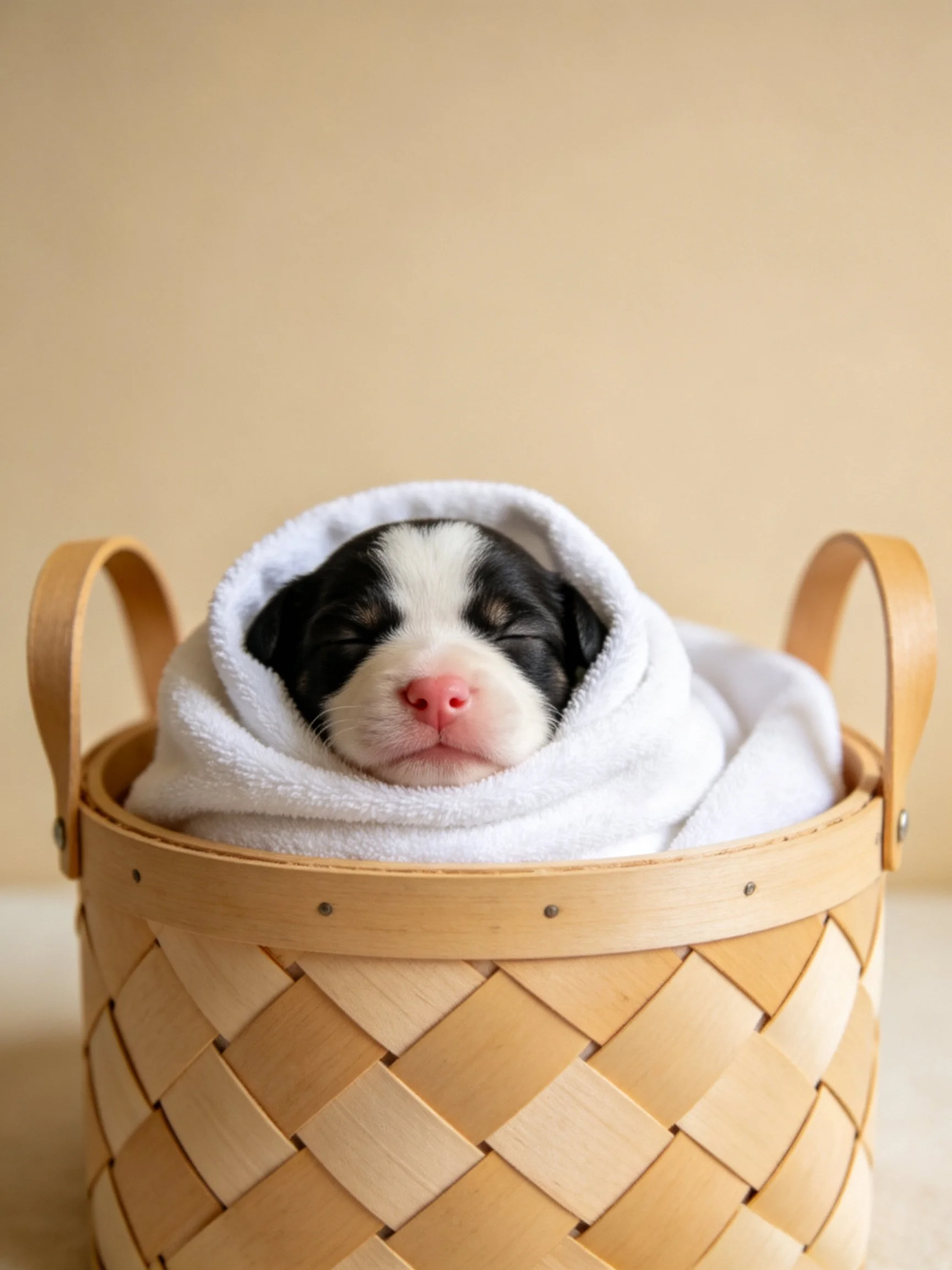 A black-and-white puppy wrapped in white towel inside a woven wooden basket