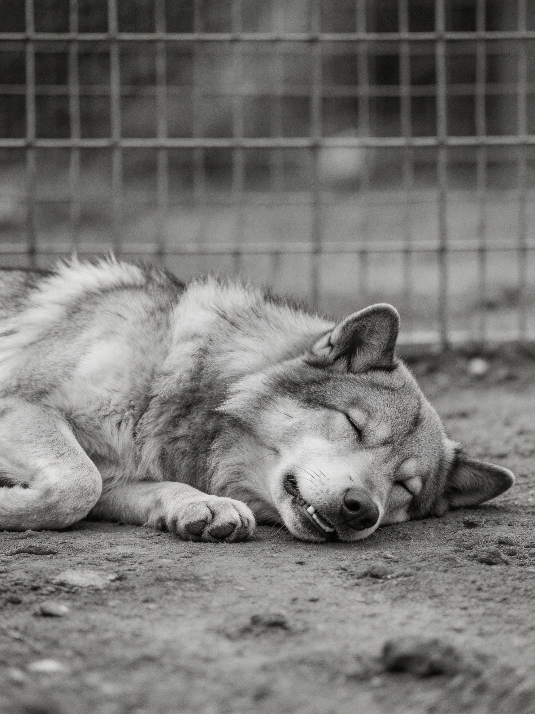 A black - and - white photo shows a resting dog near a metal fence.