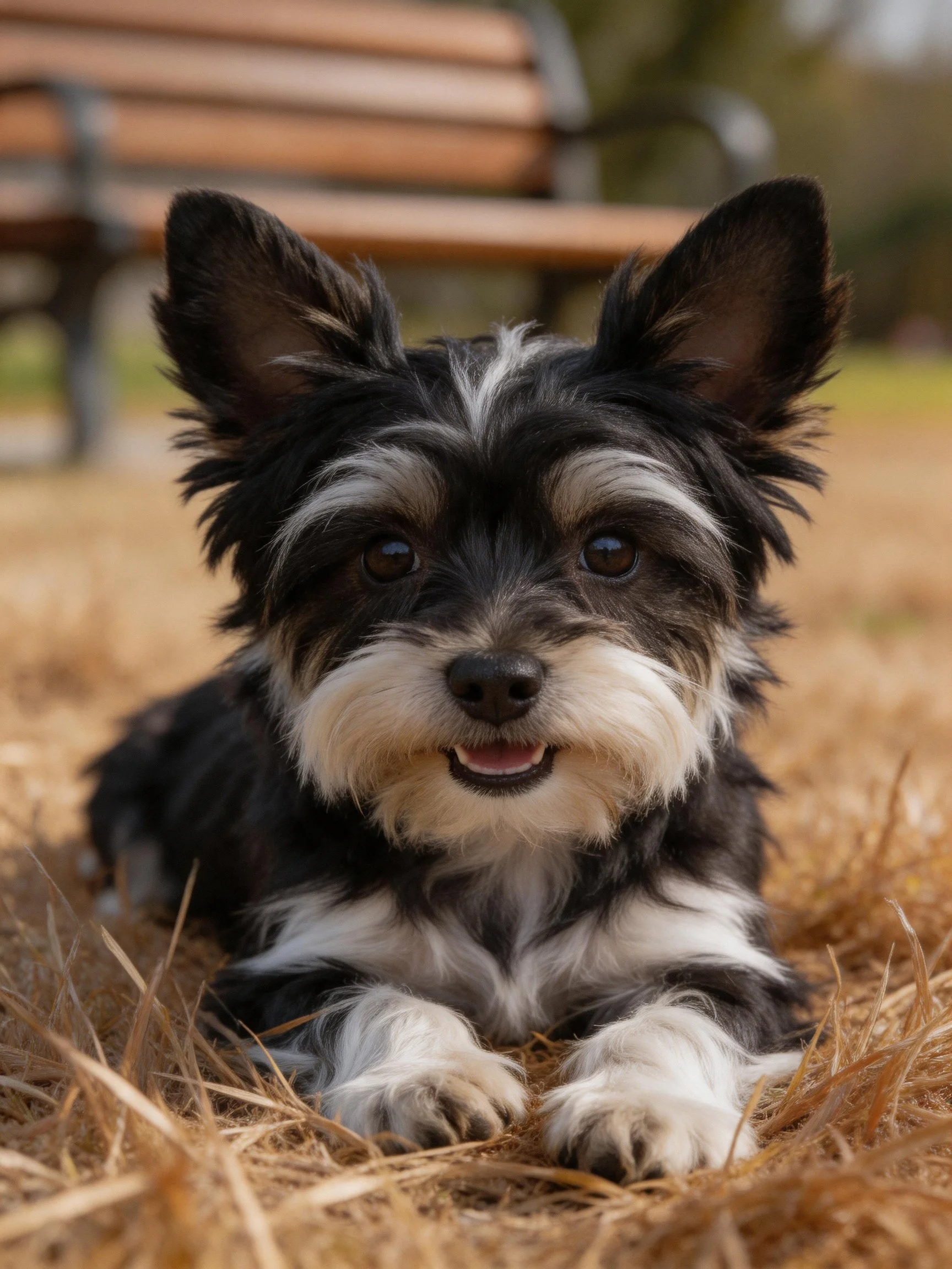 A black and white small dog rests contentedly among straw near a park bench.