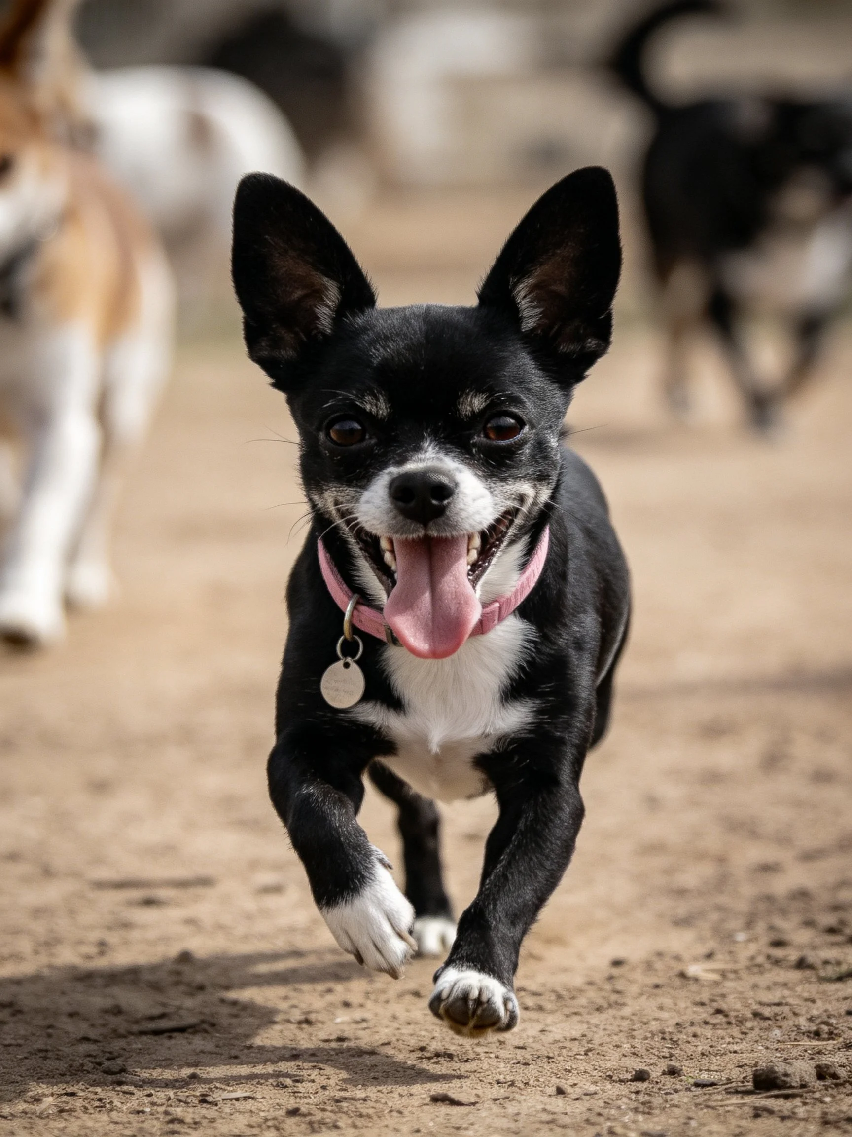 A black and white dog with a pink collar runs happily toward the camera.