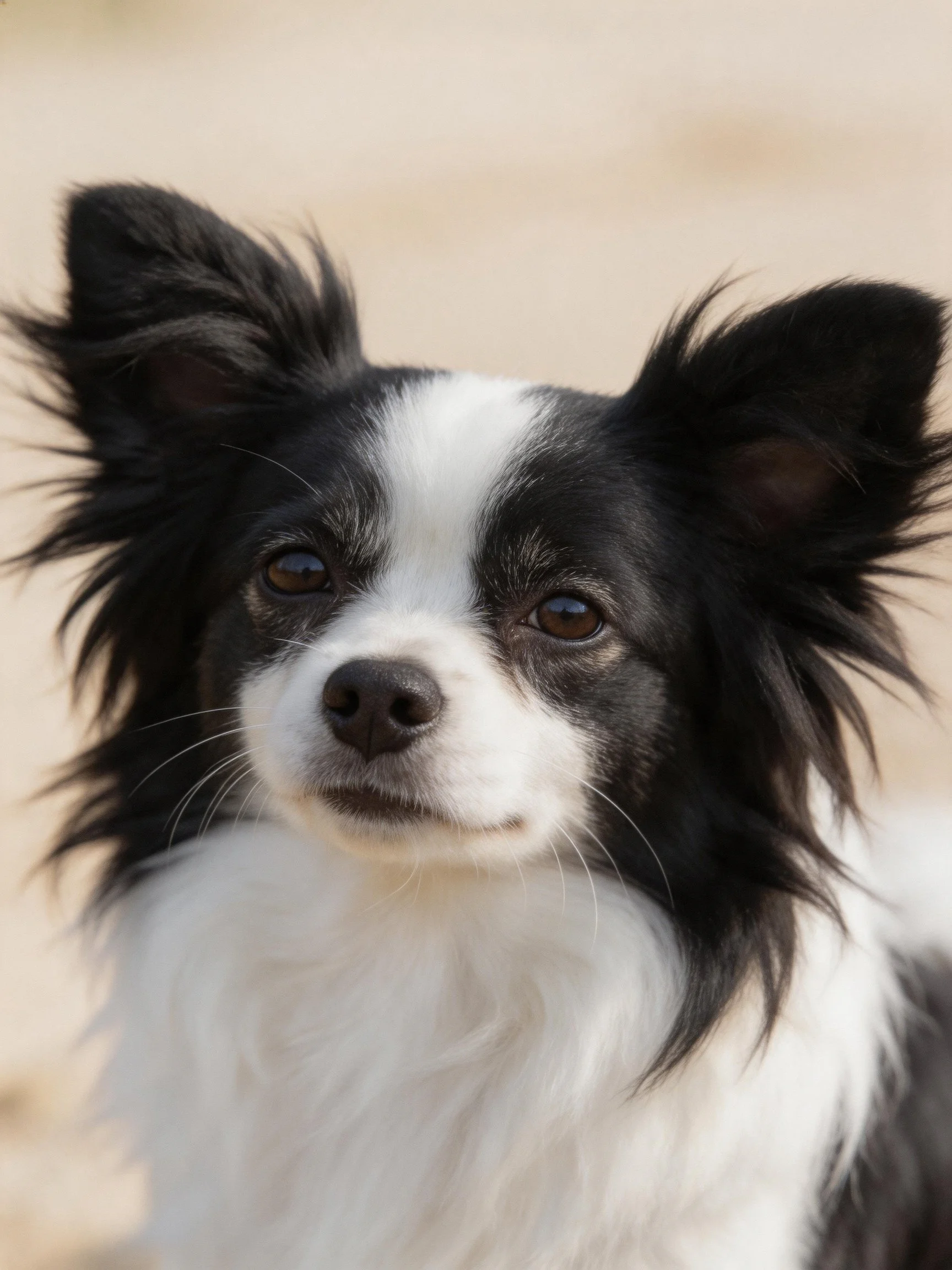 A close - up of a small black and white dog with prominent ears