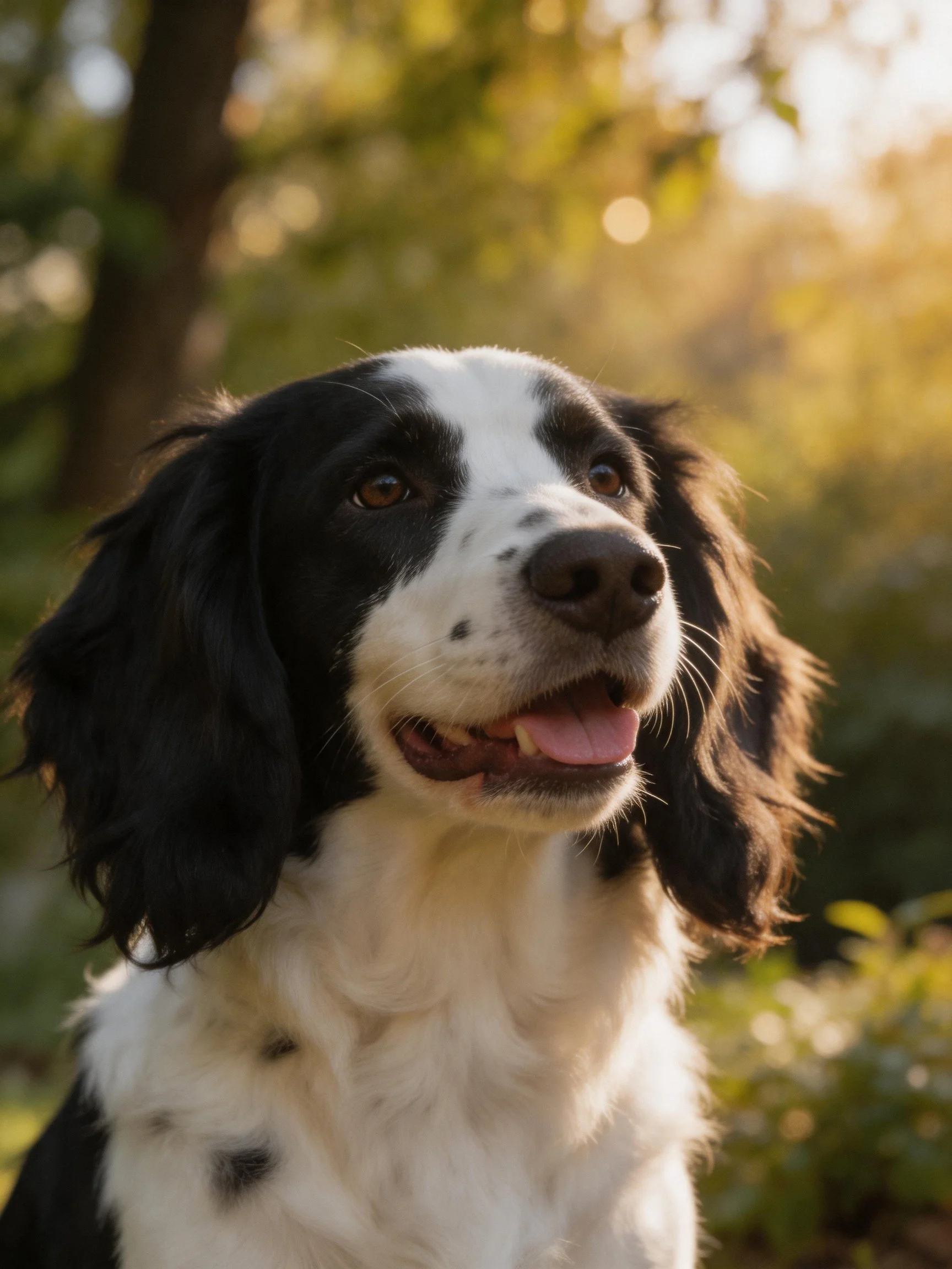 A black and white spaniel in a sunlit forest