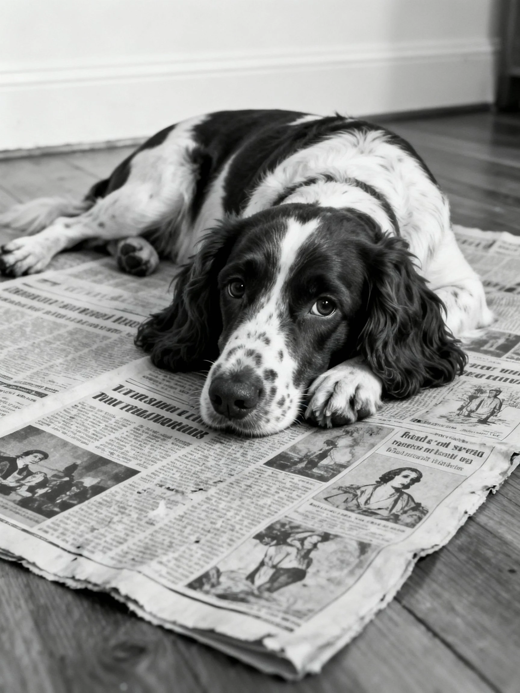 A black and white spaniel relaxes on a newspaper indoors.