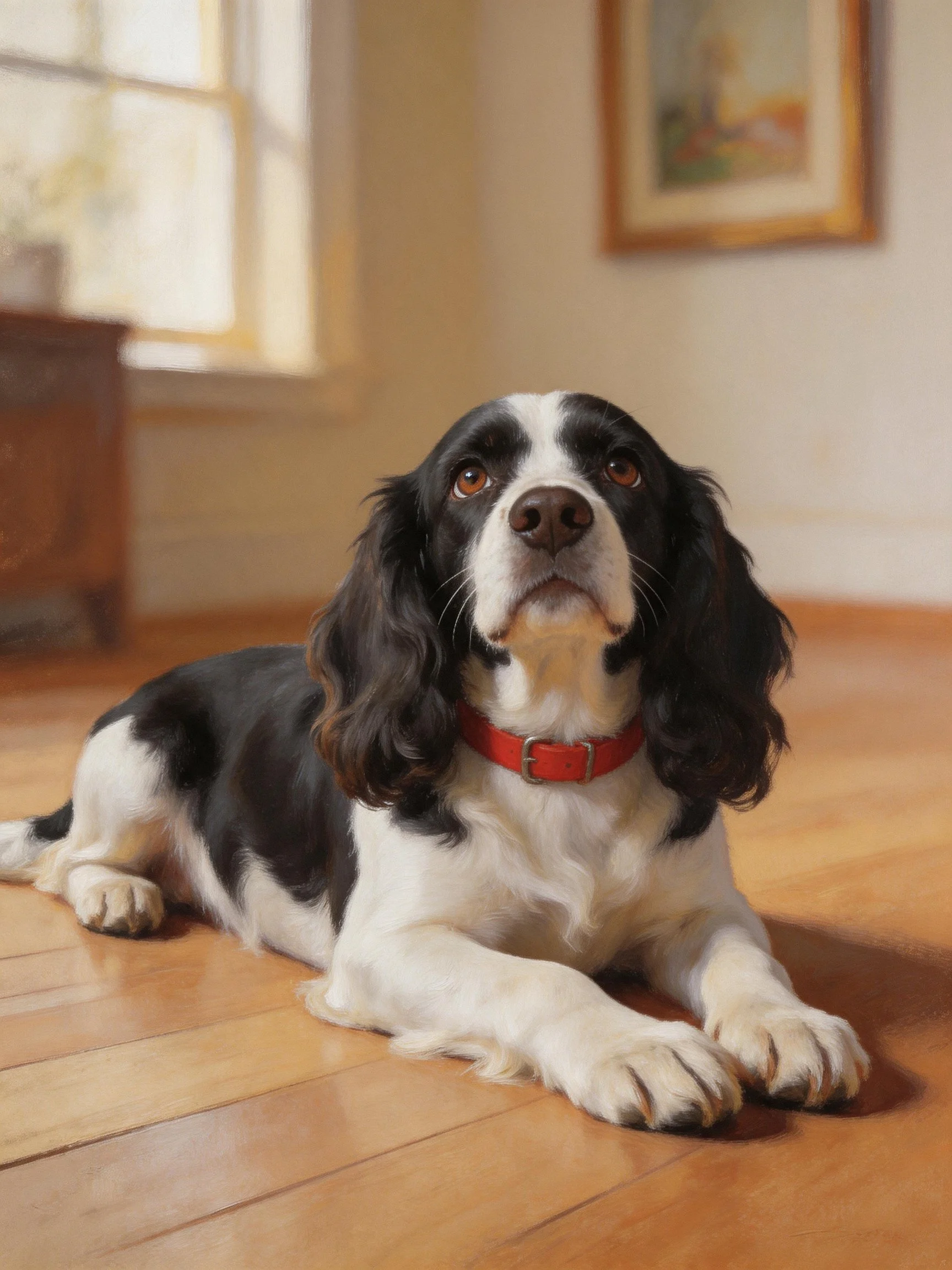 A black - and - white spaniel relaxes on a wooden floor indoors.