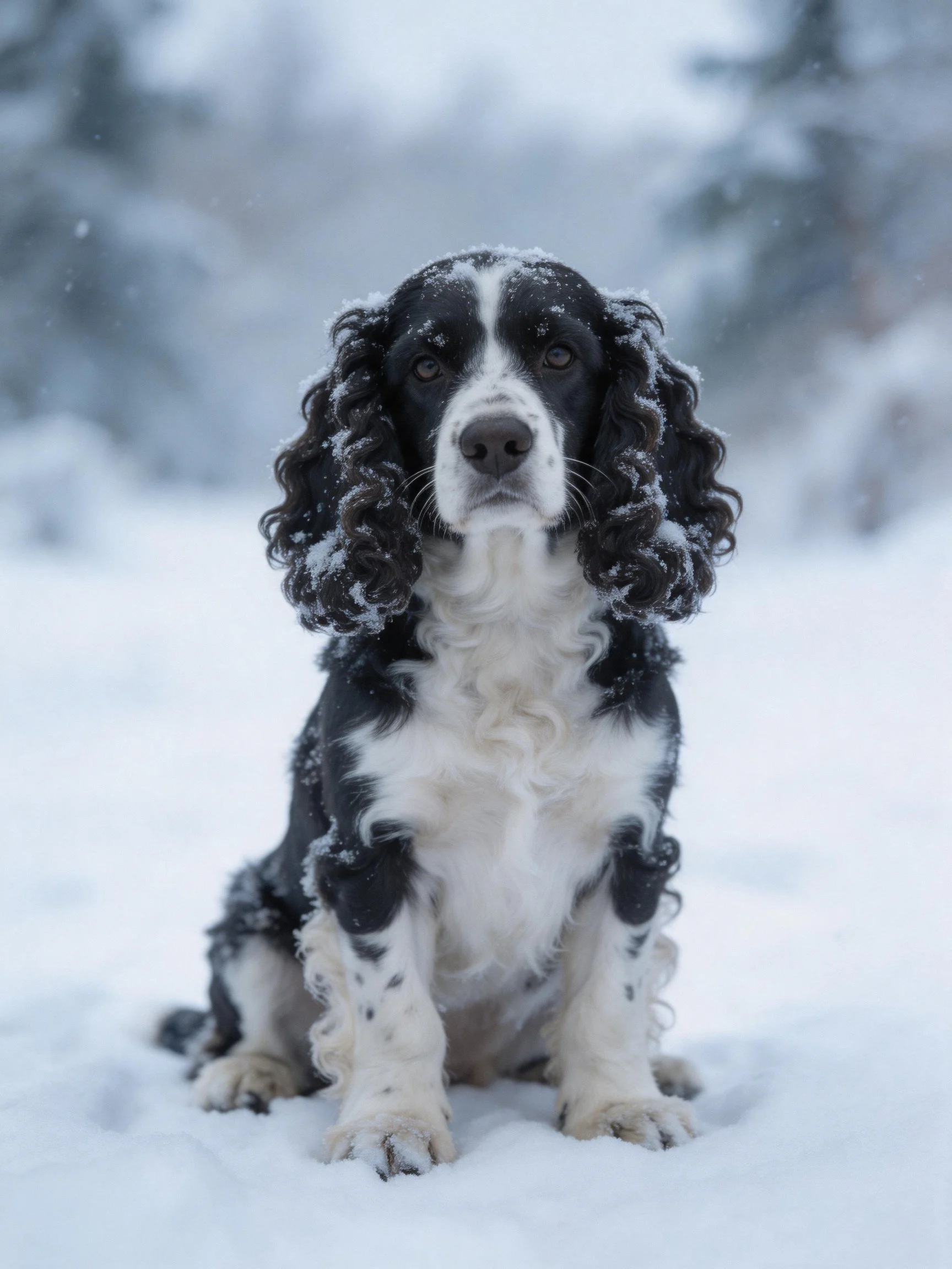 A black and white spaniel sits calmly in a snowy winter landscape.