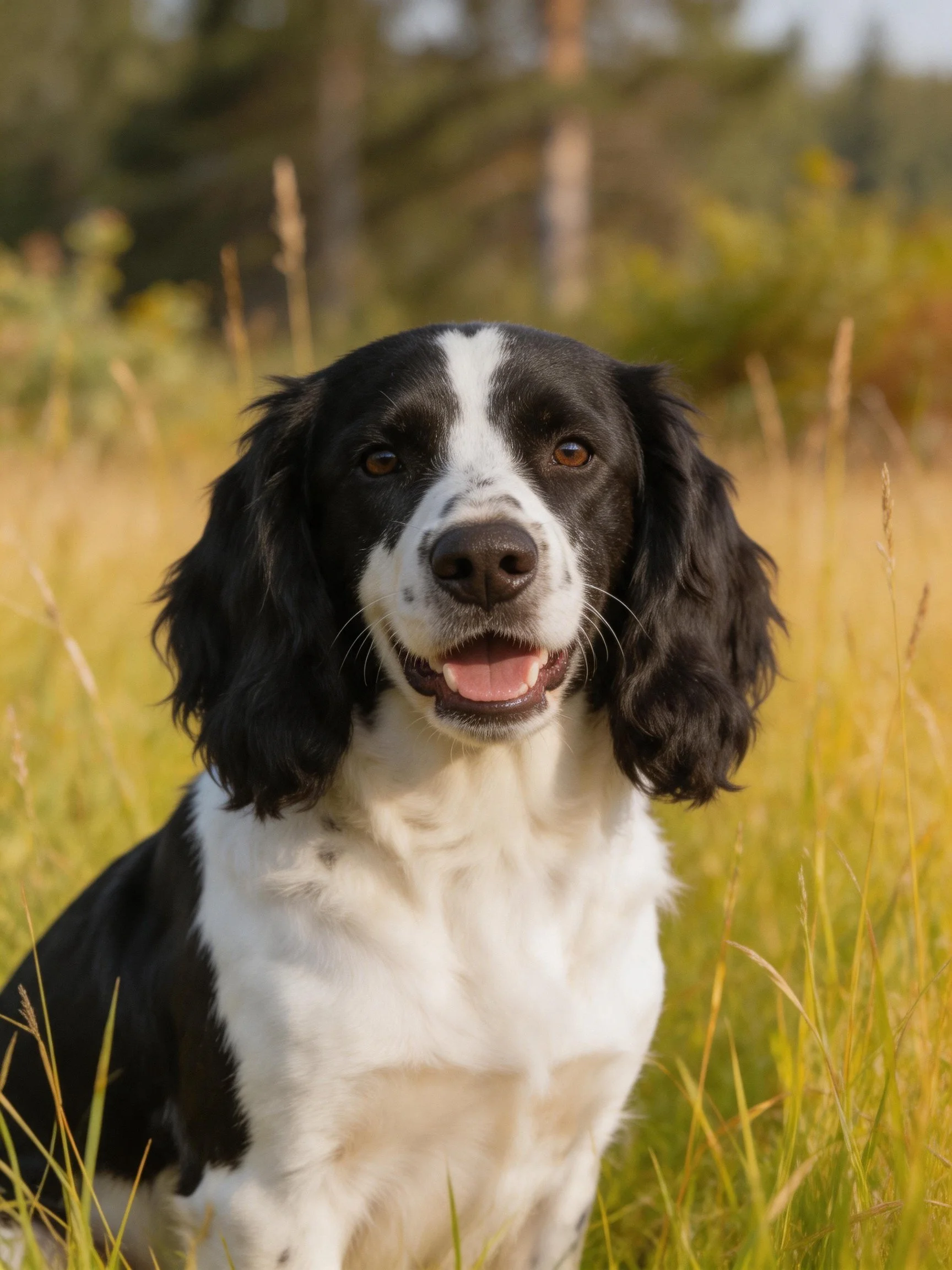 A black and white spaniel sits in a sunlit meadow.