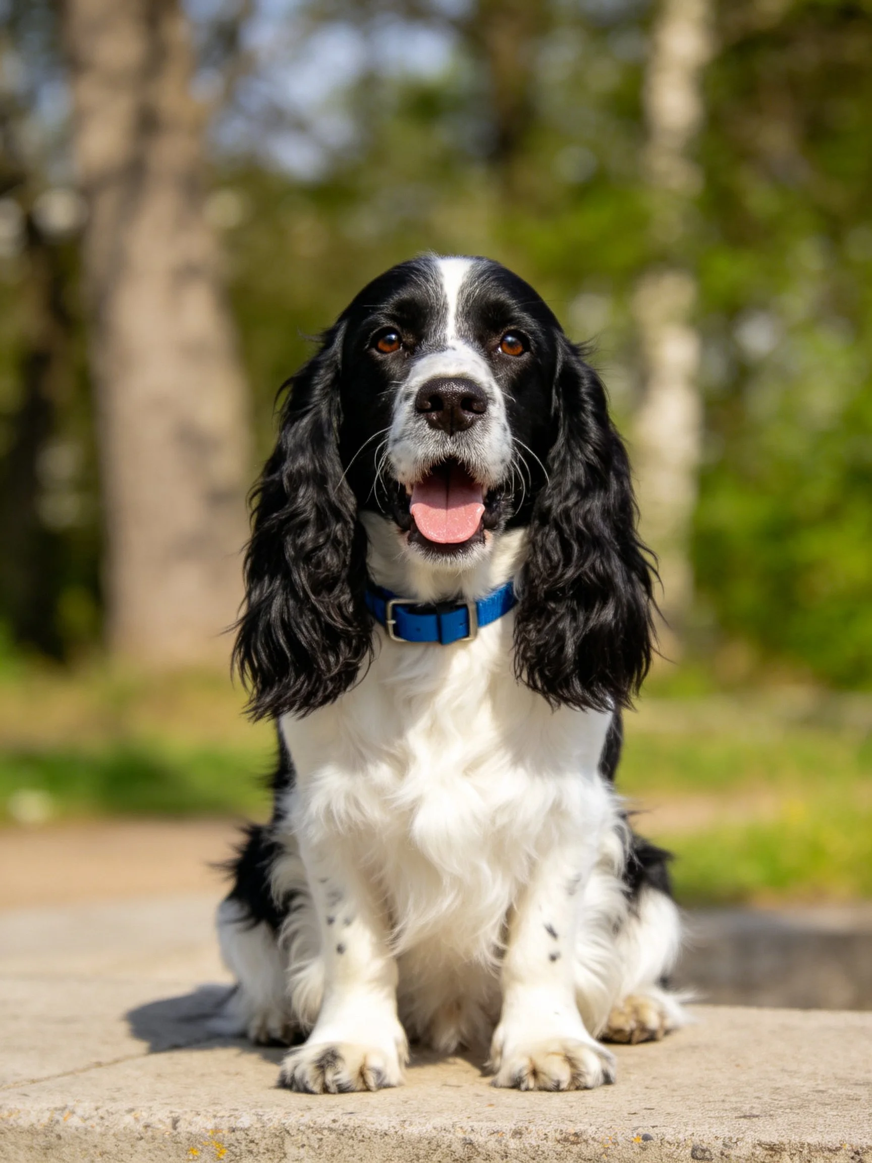 A black and white spaniel with a blue collar rests in a natural outdoor setting.
