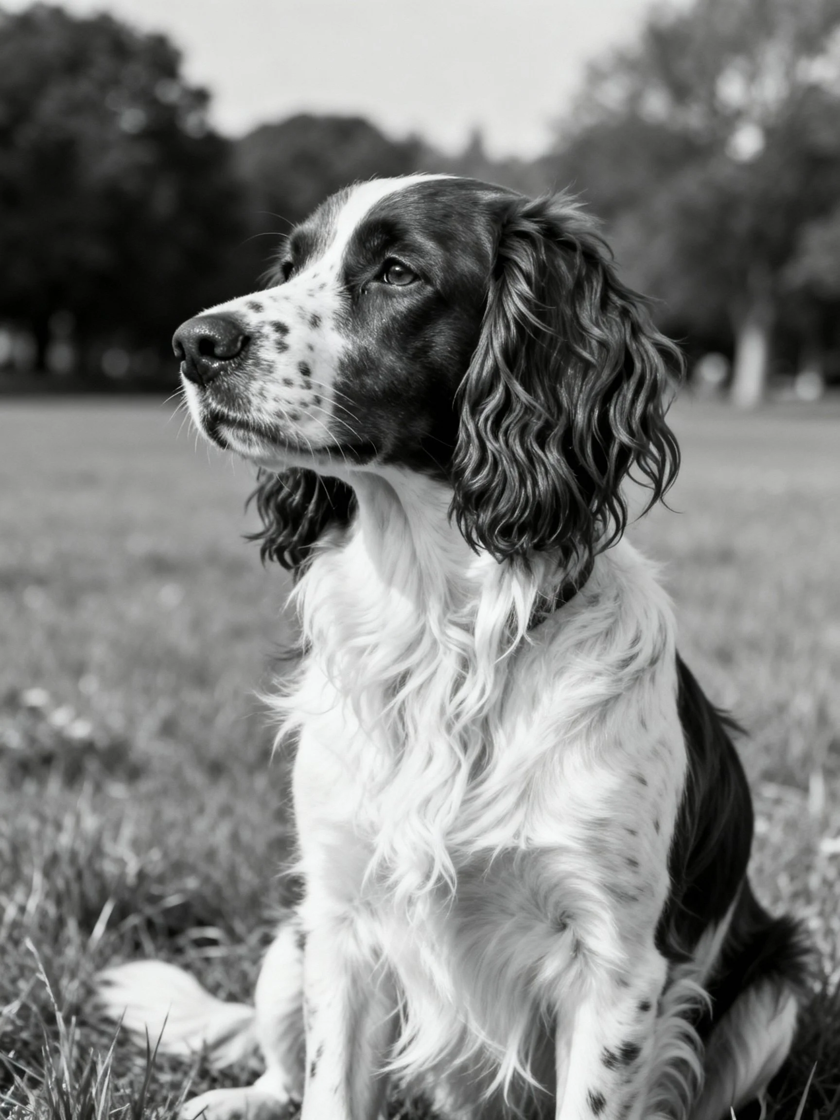 A black-and-white spaniel with long ears rests in a grassy field