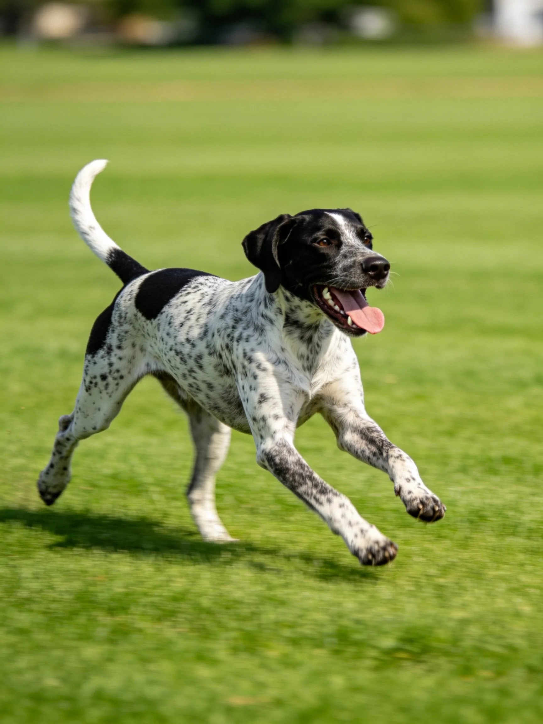 A black and white speckled dog runs energetically on a lush green field