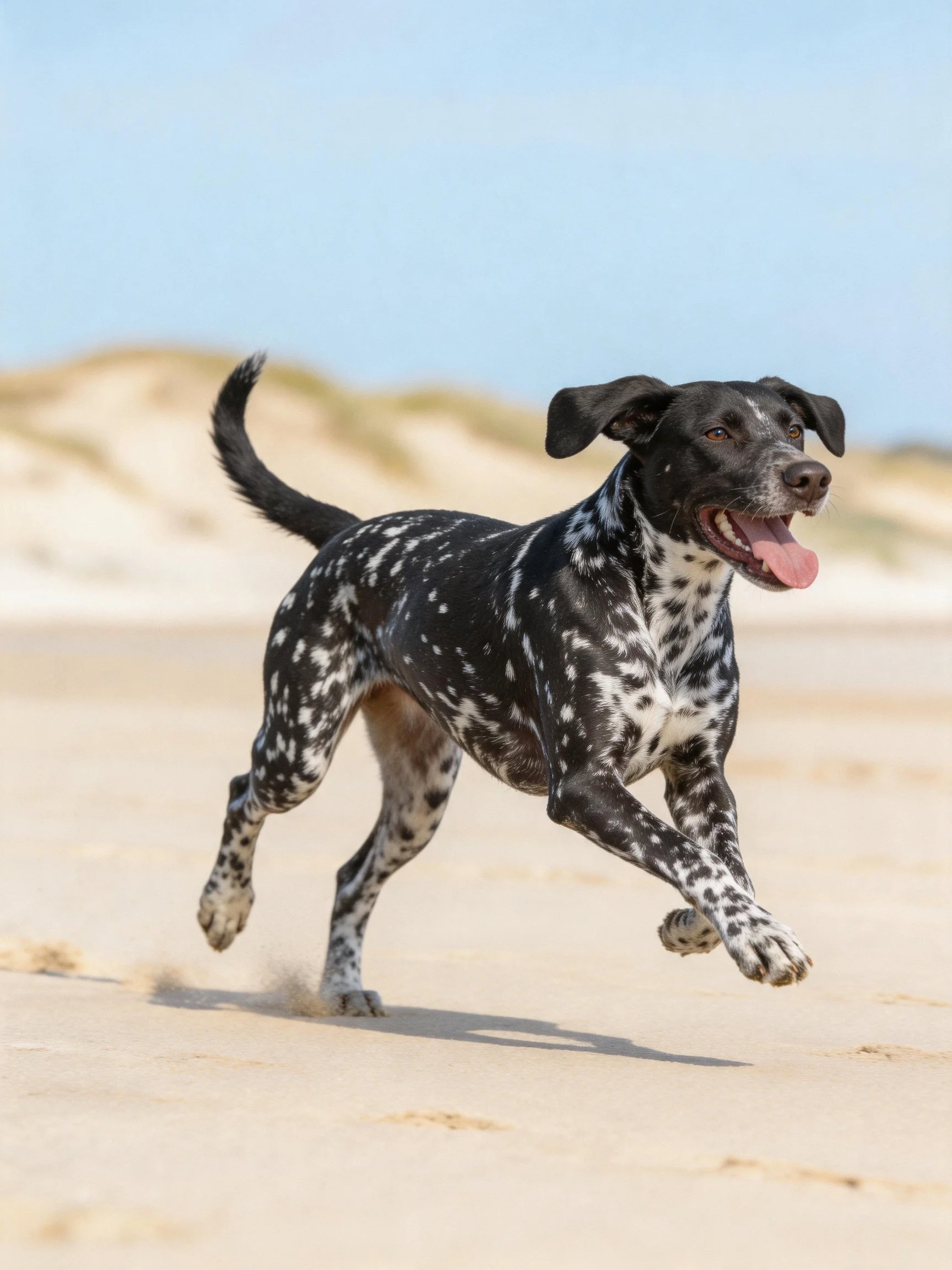 A black and white spotted dog runs energetically on a sandy beach.