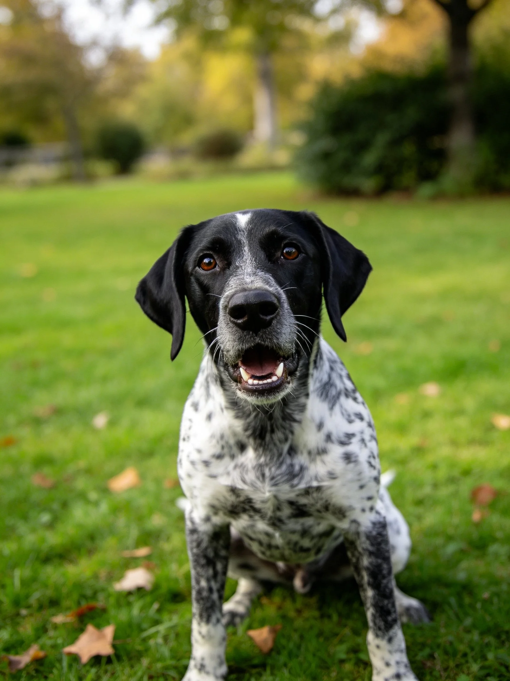 A black and white speckled dog sits on grass amid an outdoor setting.