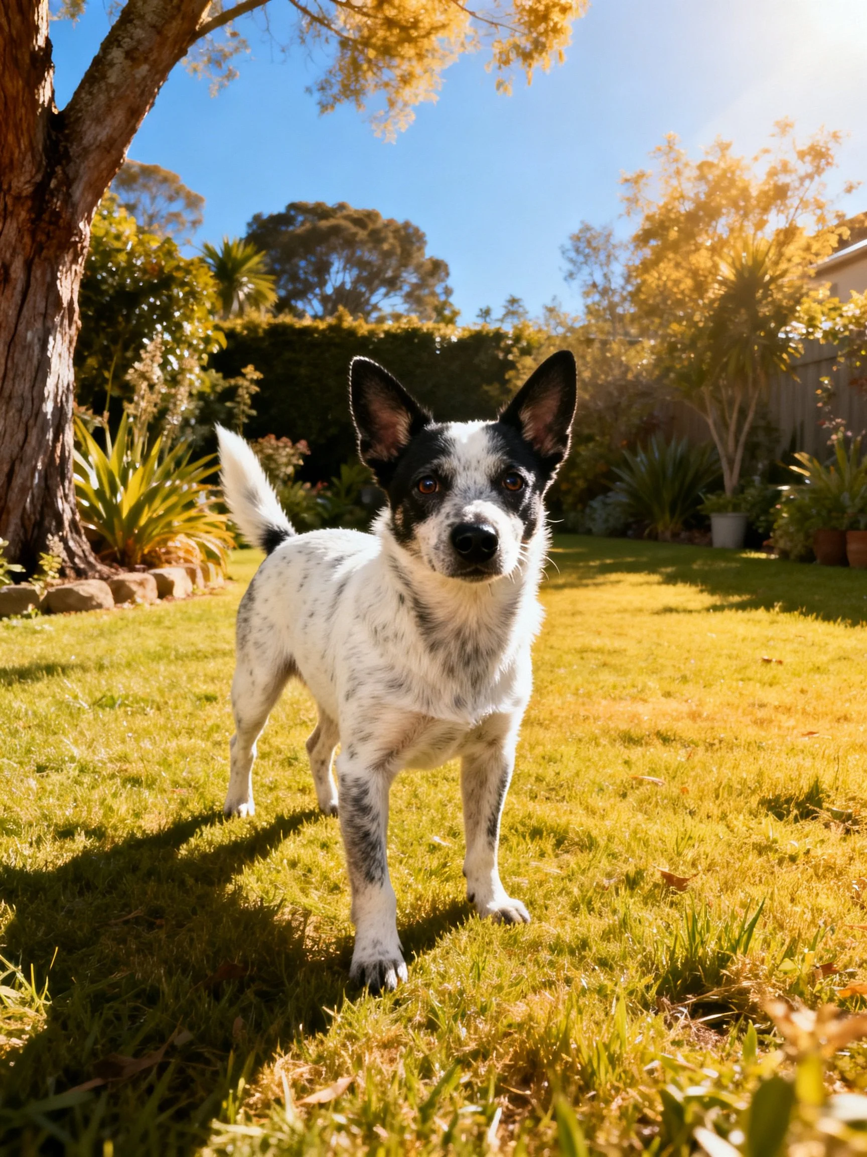 A small black-and-white dog stands alert in a sunlit backyard garden.