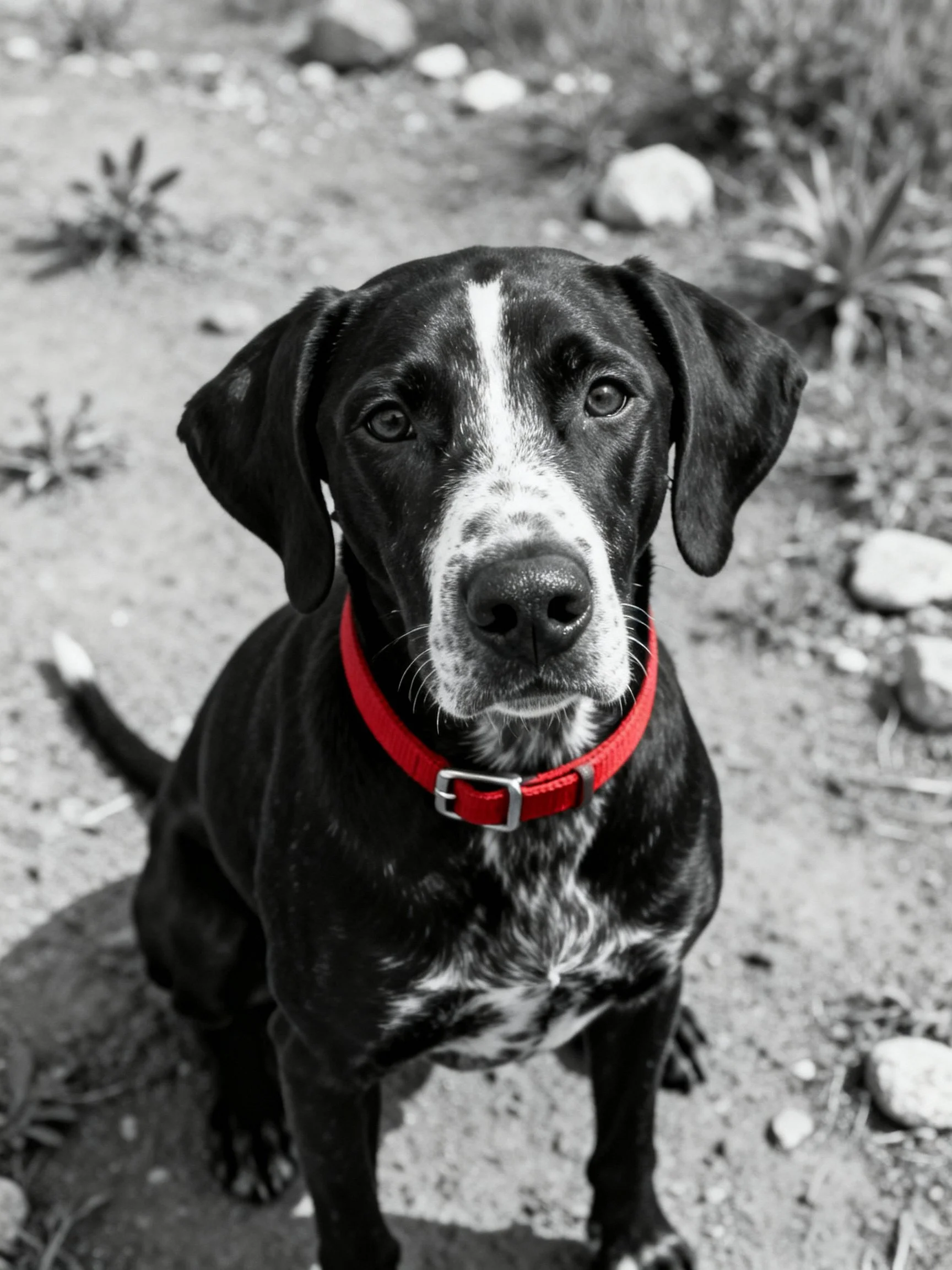 A black and white speckled dog with a red collar sits outdoors near rocks and plants.