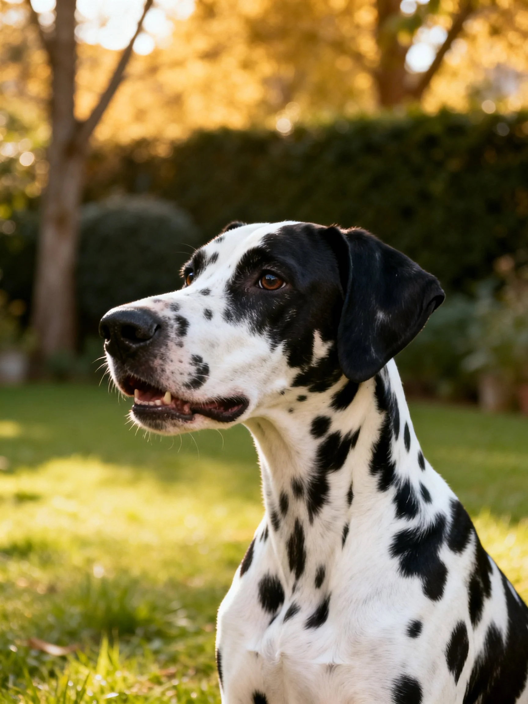 A black-and-white spotted Dalmatian sits in a sunlit garden.