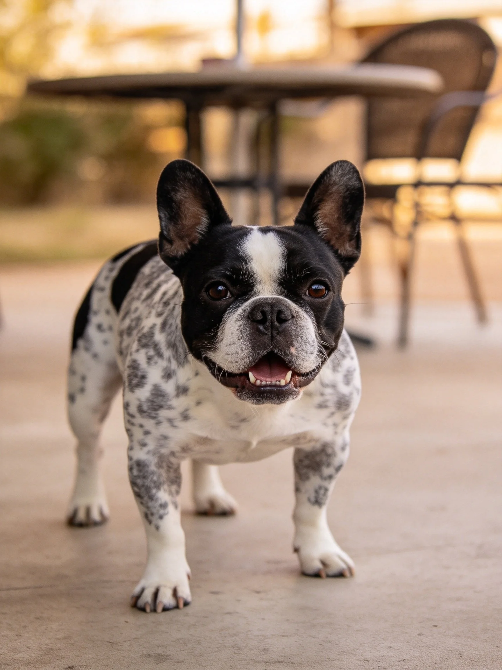 A black and white spotted French bulldog stands on a patio