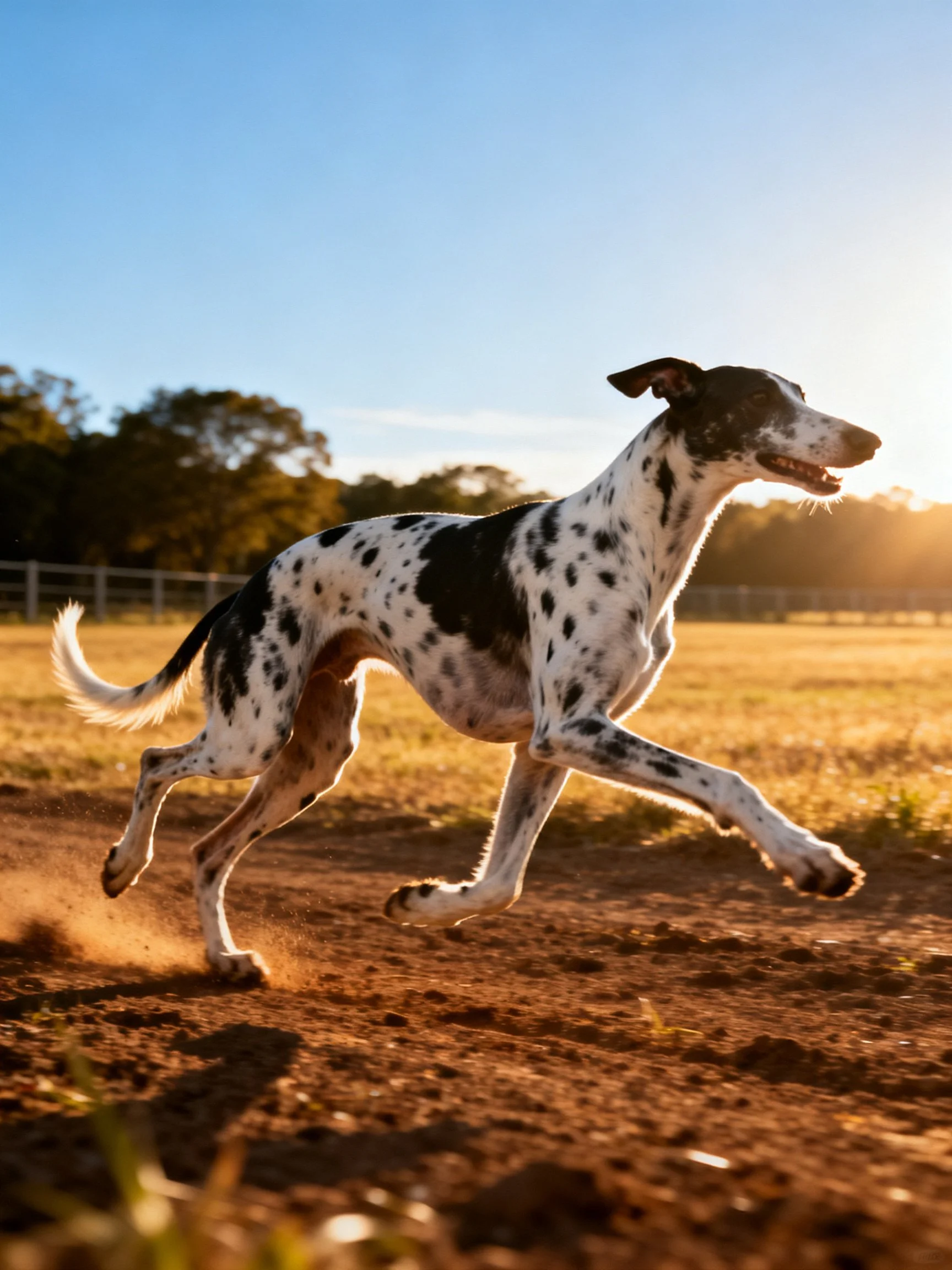A spotted dog runs quickly on a dusty outdoor path.