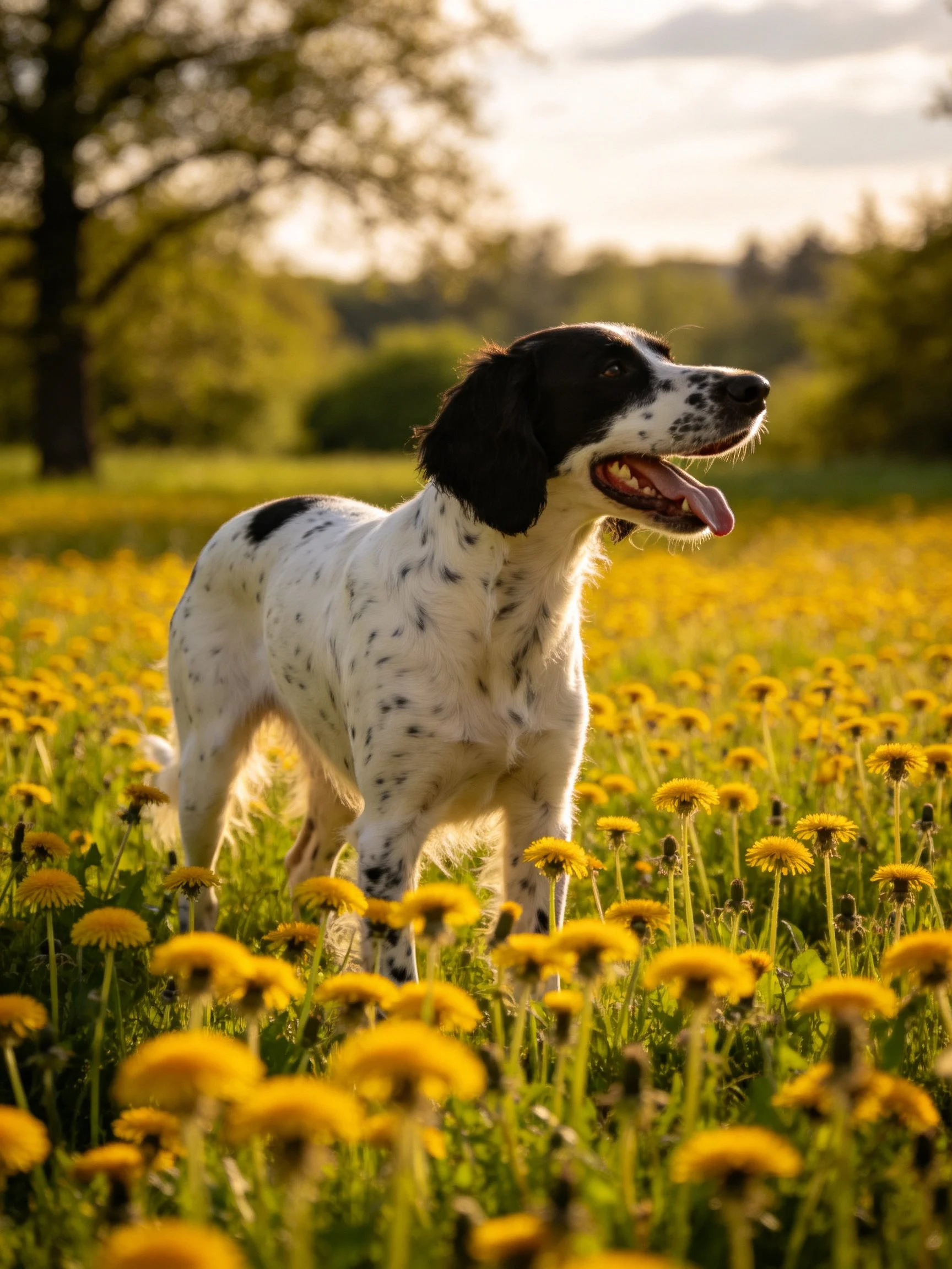 A black-and-white spotted dog stands amid sunlit yellow dandelions.