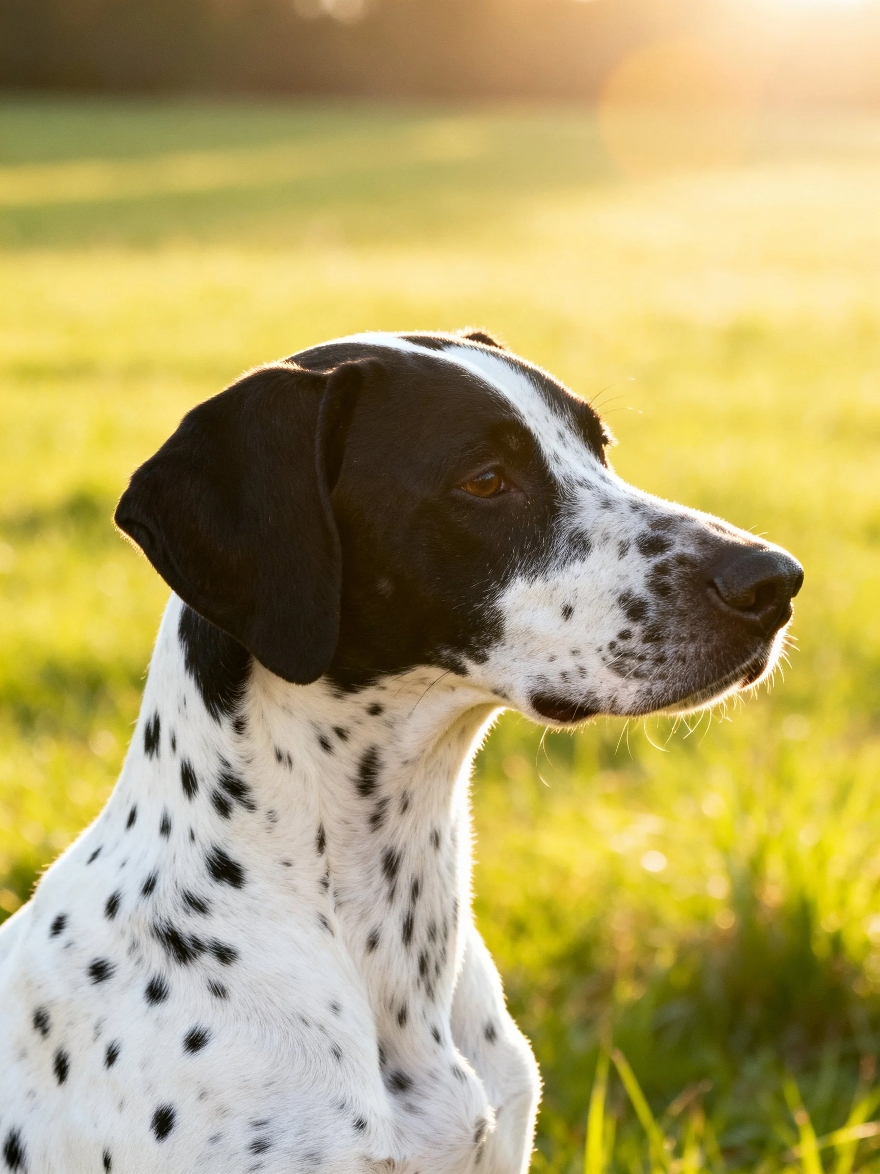 A black and white spotted dog sits calmly in a sunlit grassy landscape.