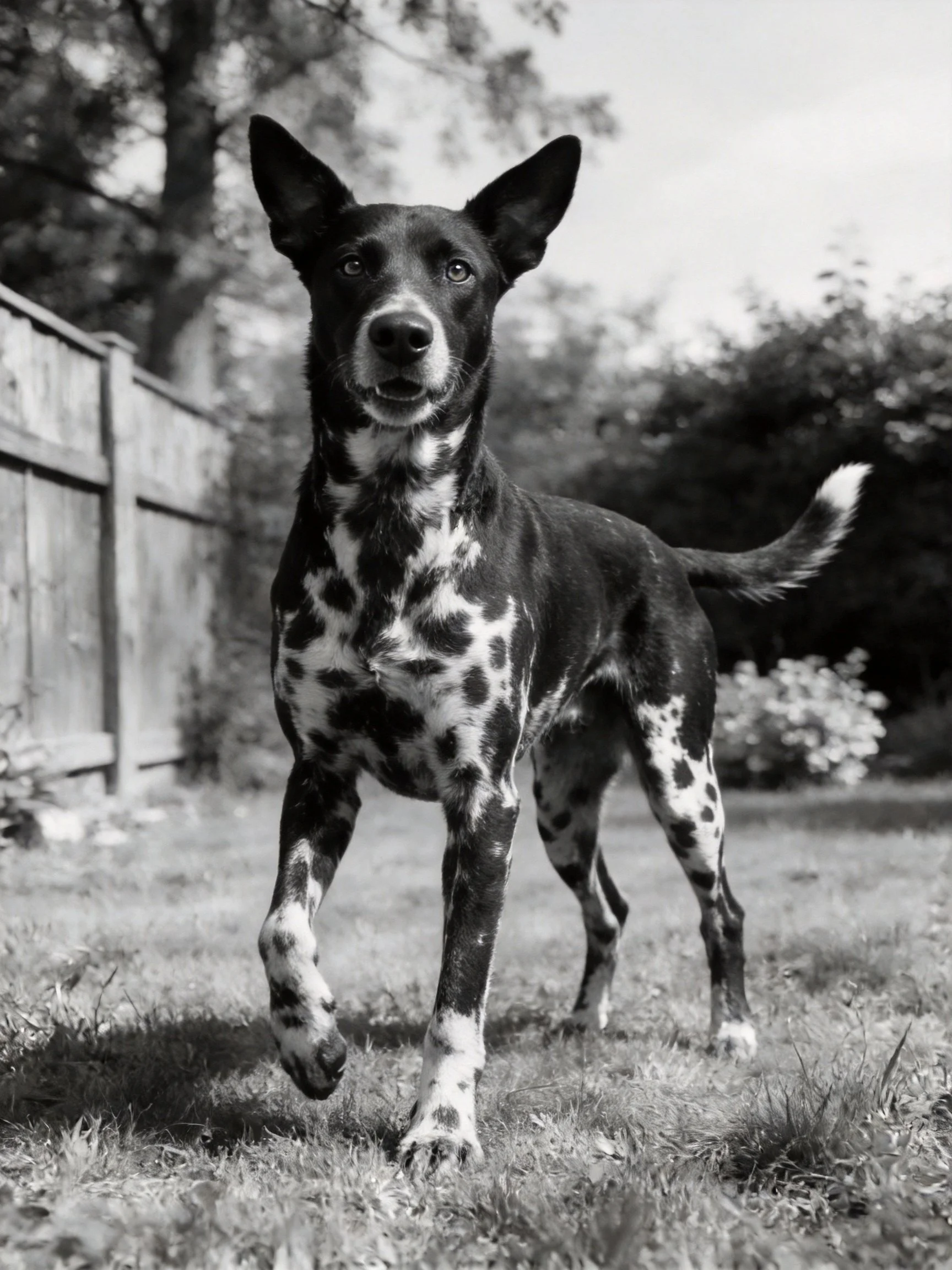 A black and white spotted dog stands alert in a grassy outdoor area.