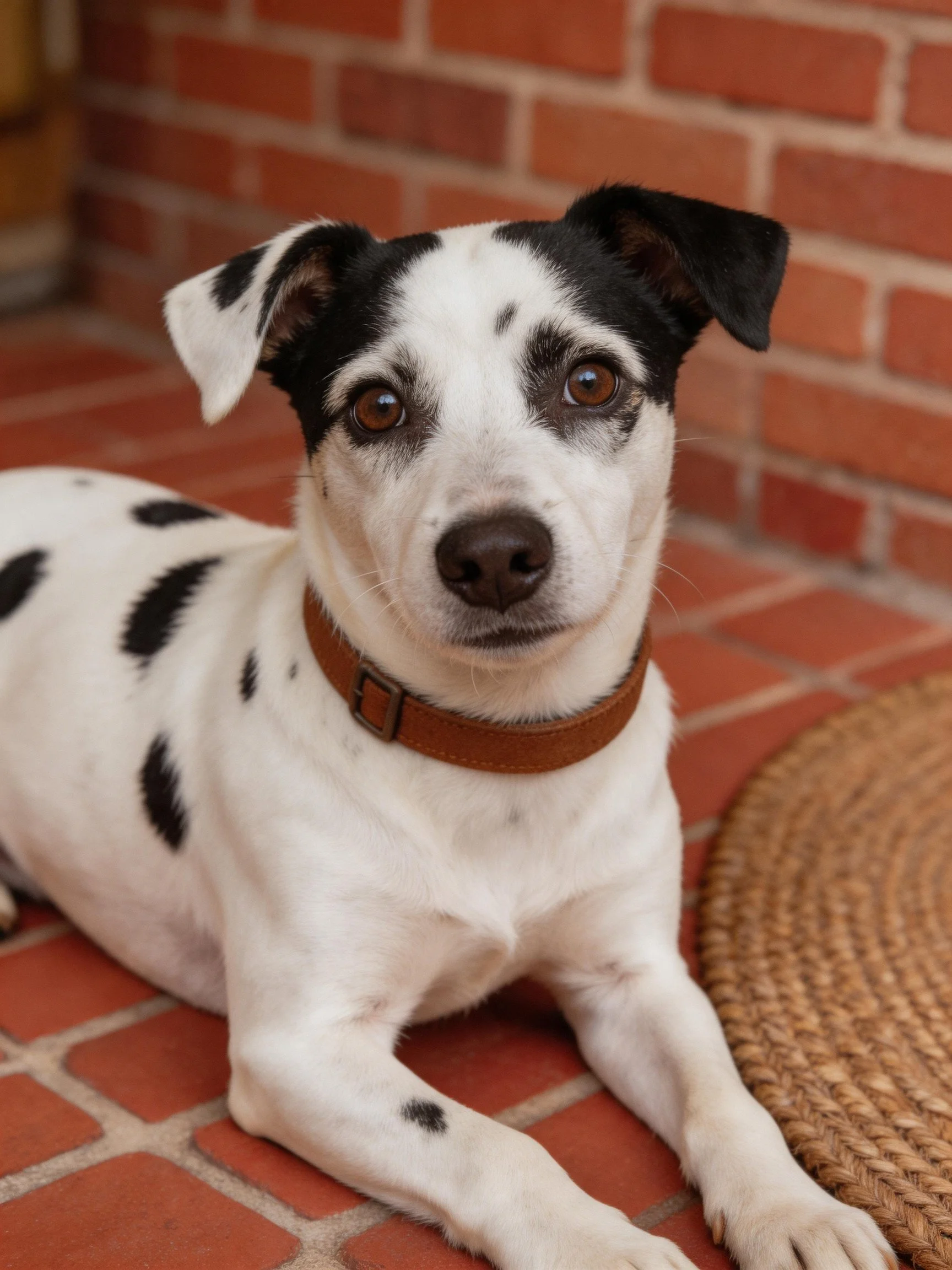 A black and white spotted dog rests calmly on red brick flooring.