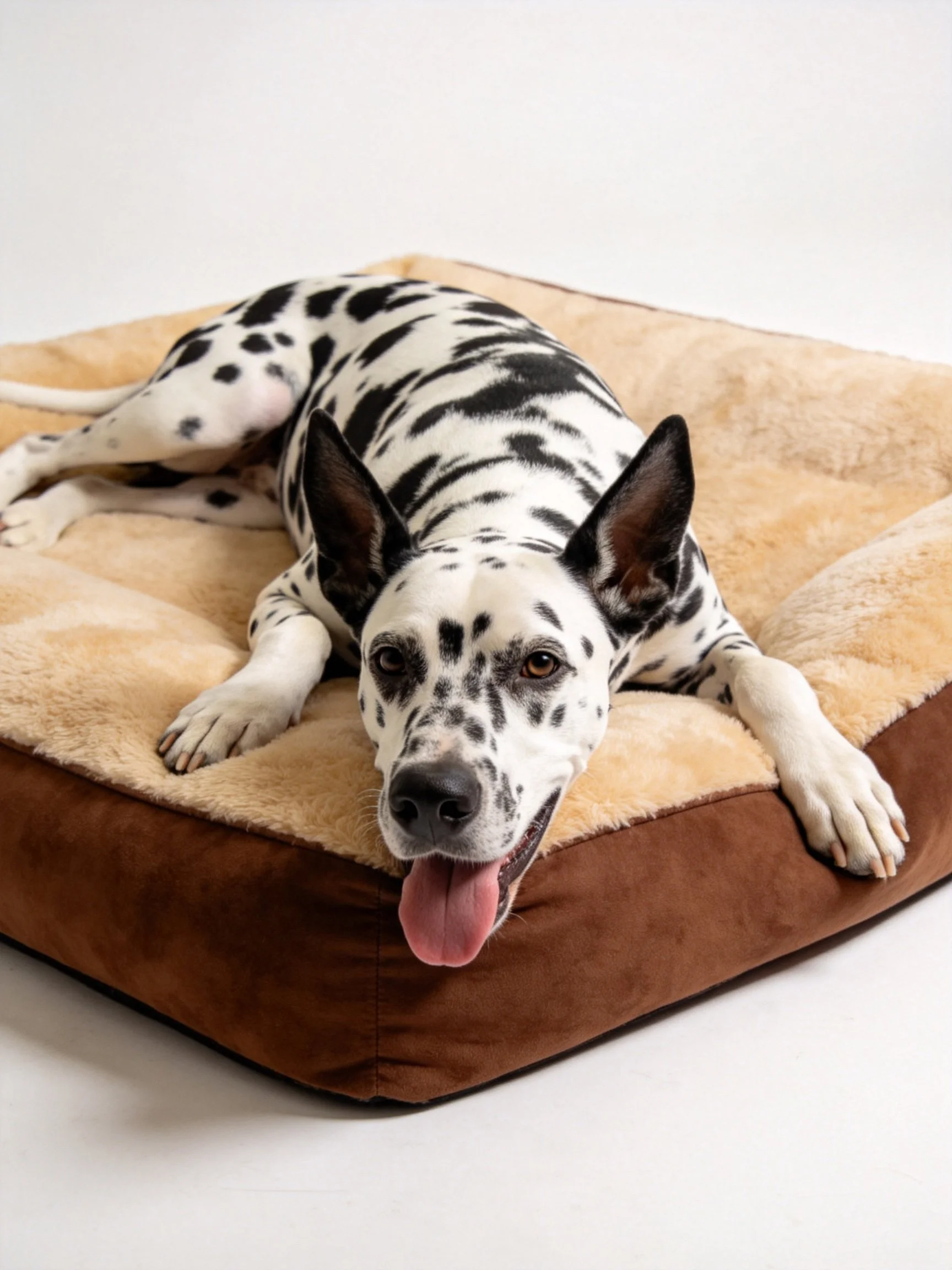 A black and white spotted dog relaxes on a soft pet bed