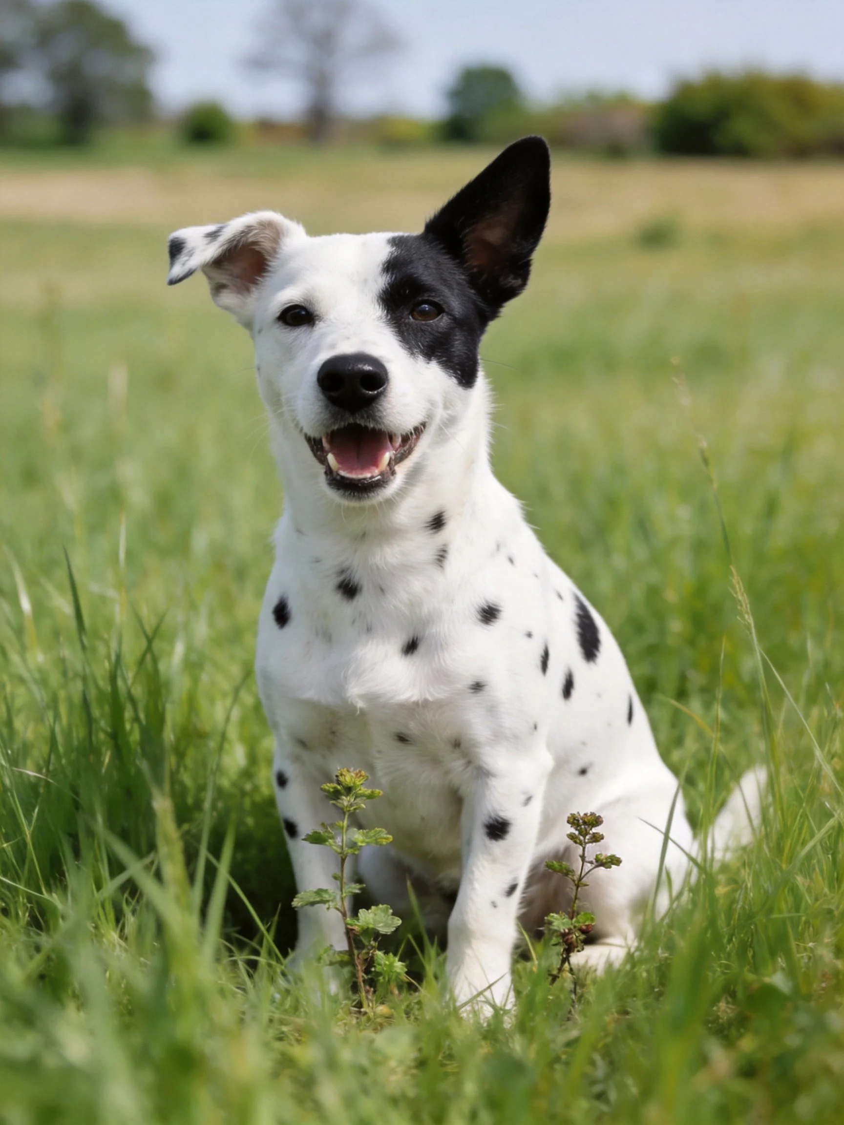 A black-and-white spotted dog sits happily in a grassy field