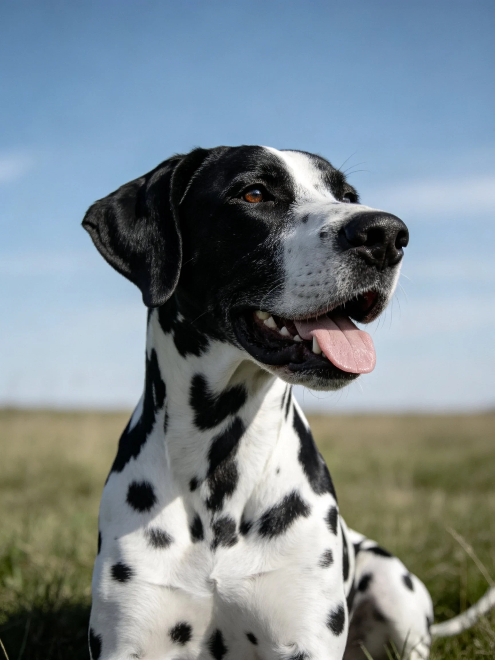 A black-and-white spotted dog rests in an open field.